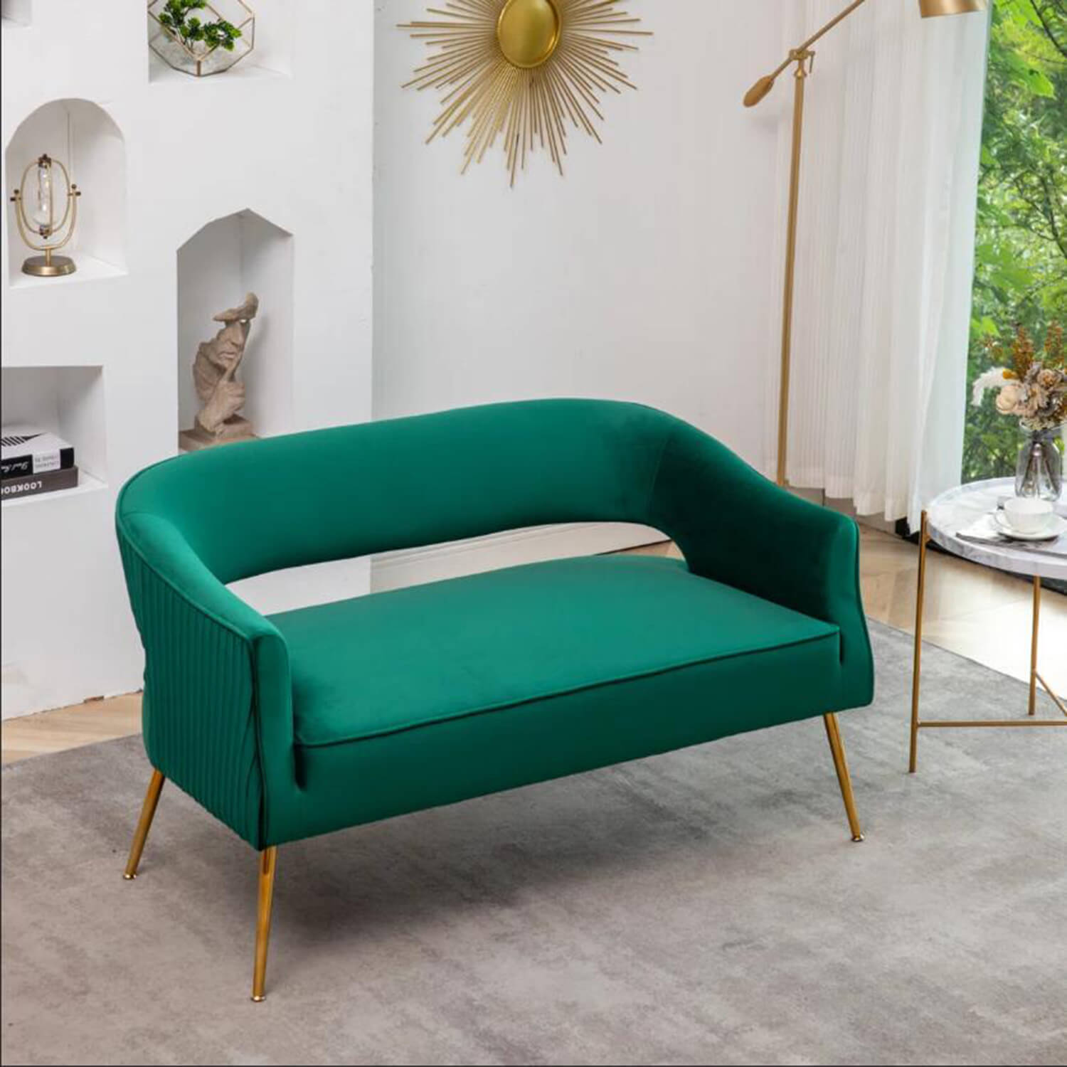 SEYNAR Modern 51'' Velvet Tufted Loveseat Open Back with Golden Metal Legs