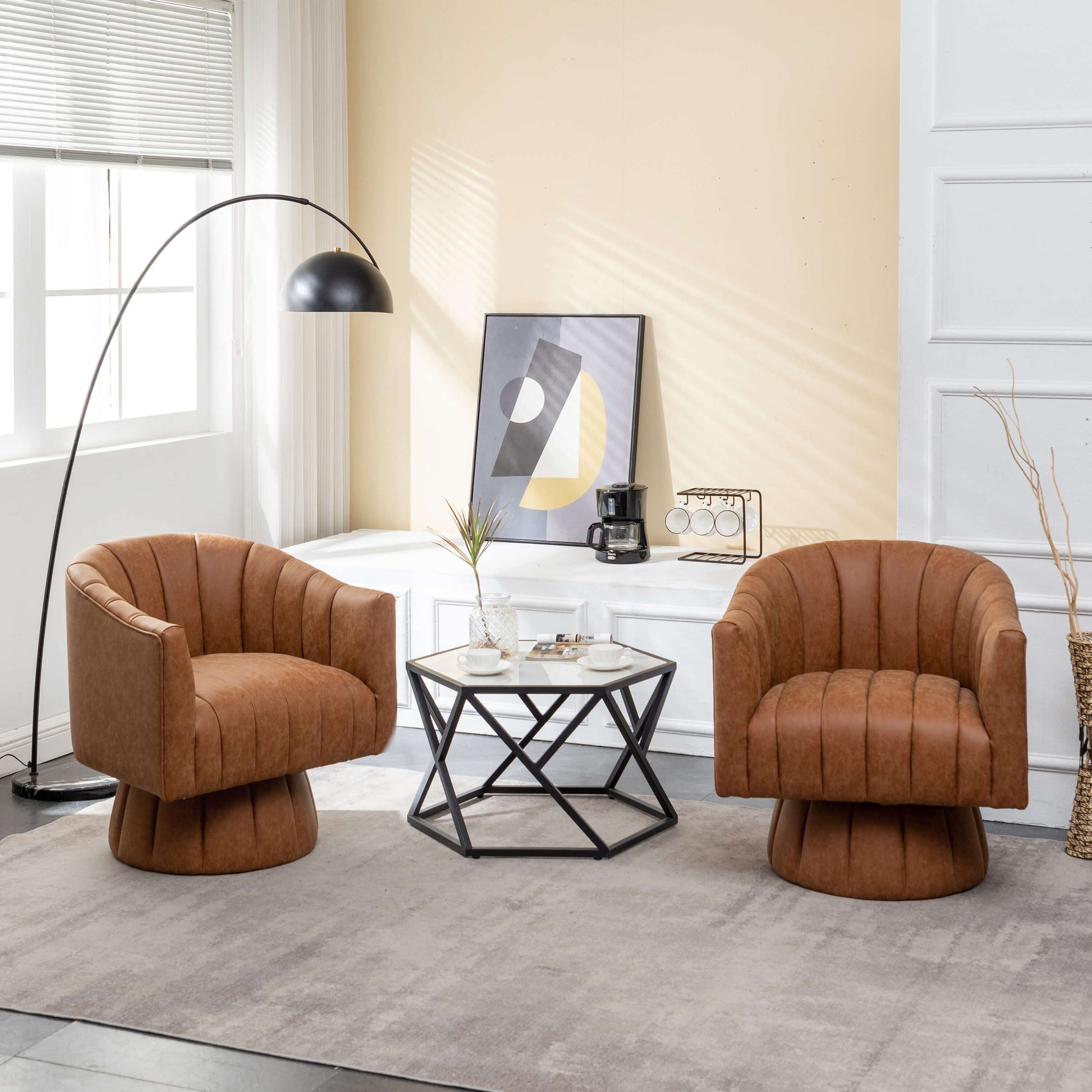 SEYNAR Mid-Century Swivel PU Leather Tufted Round Accent Barrel Chair