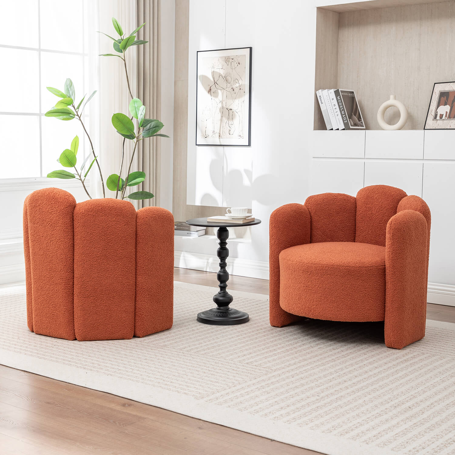 SEYNAR Modern Glam Faux Sherpa Upholstered Round Accent Chair with Flower Shaped Back Design(Single/Set of 2)