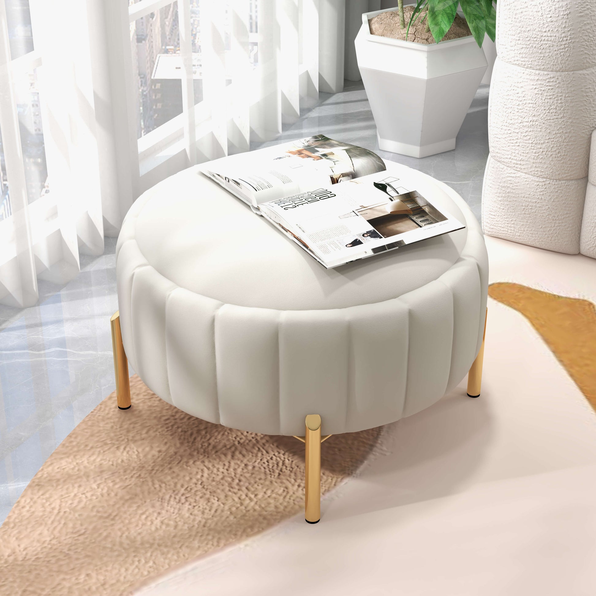 SEYNAR Modern Velvet Round Storage Ottoman with Gold Legs
