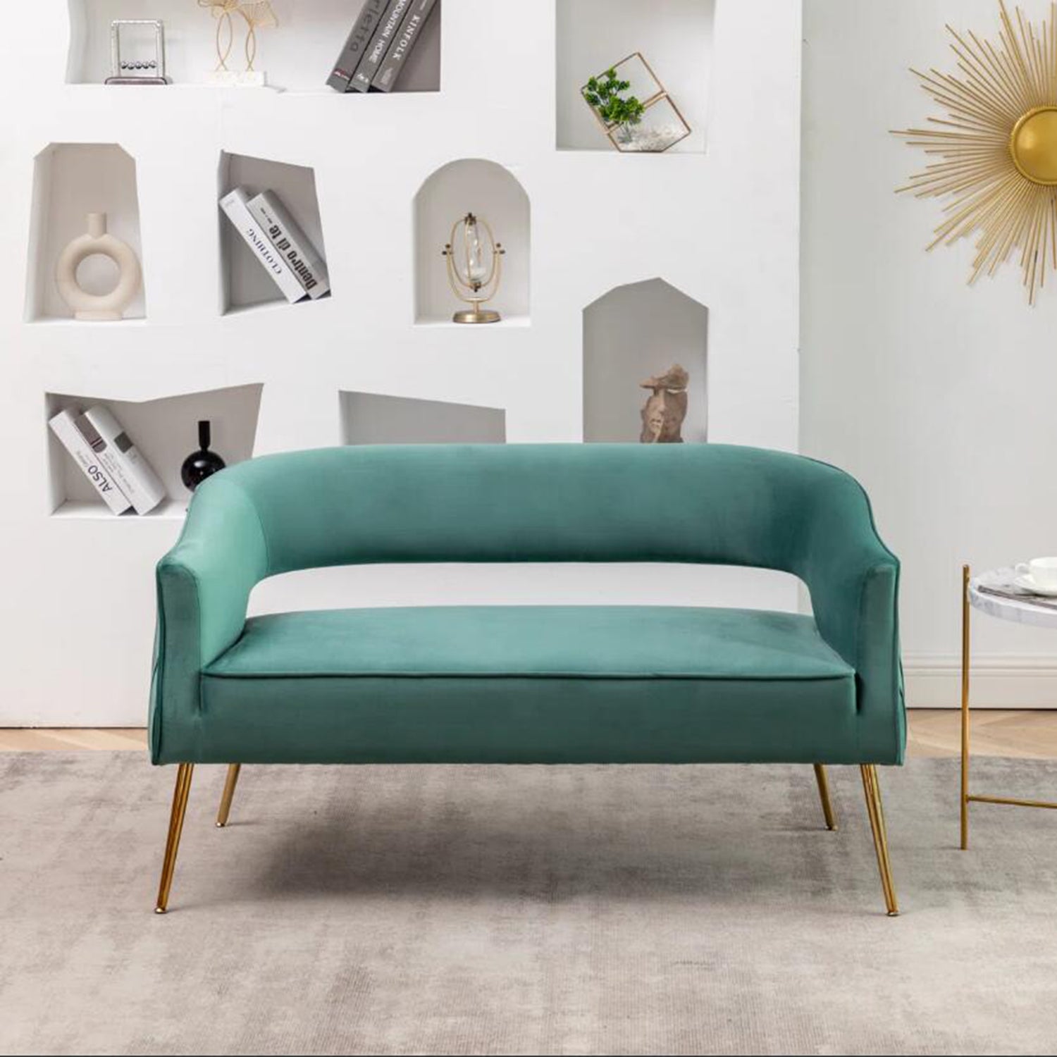 SEYNAR Modern 51'' Velvet Tufted Loveseat Open Back with Golden Metal Legs