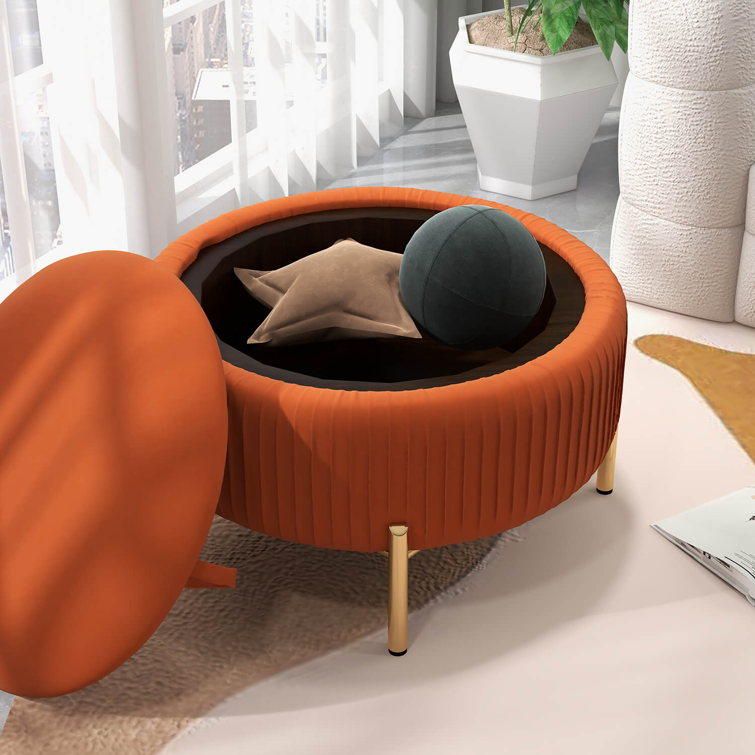 SEYNAR Modern Velvet Round Storage Ottoman with Gold Legs