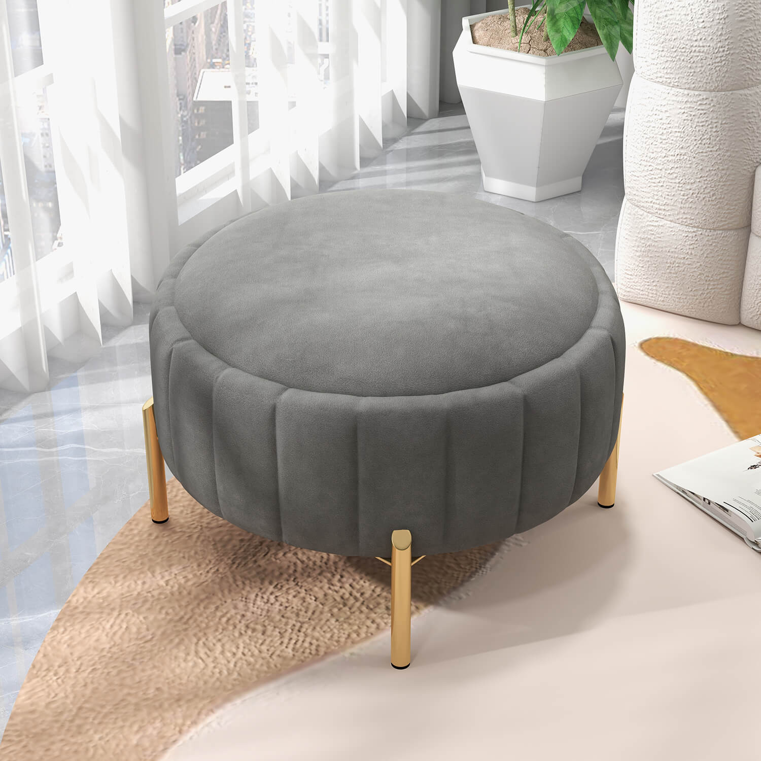 SEYNAR Modern Velvet Round Storage Ottoman with Gold Legs