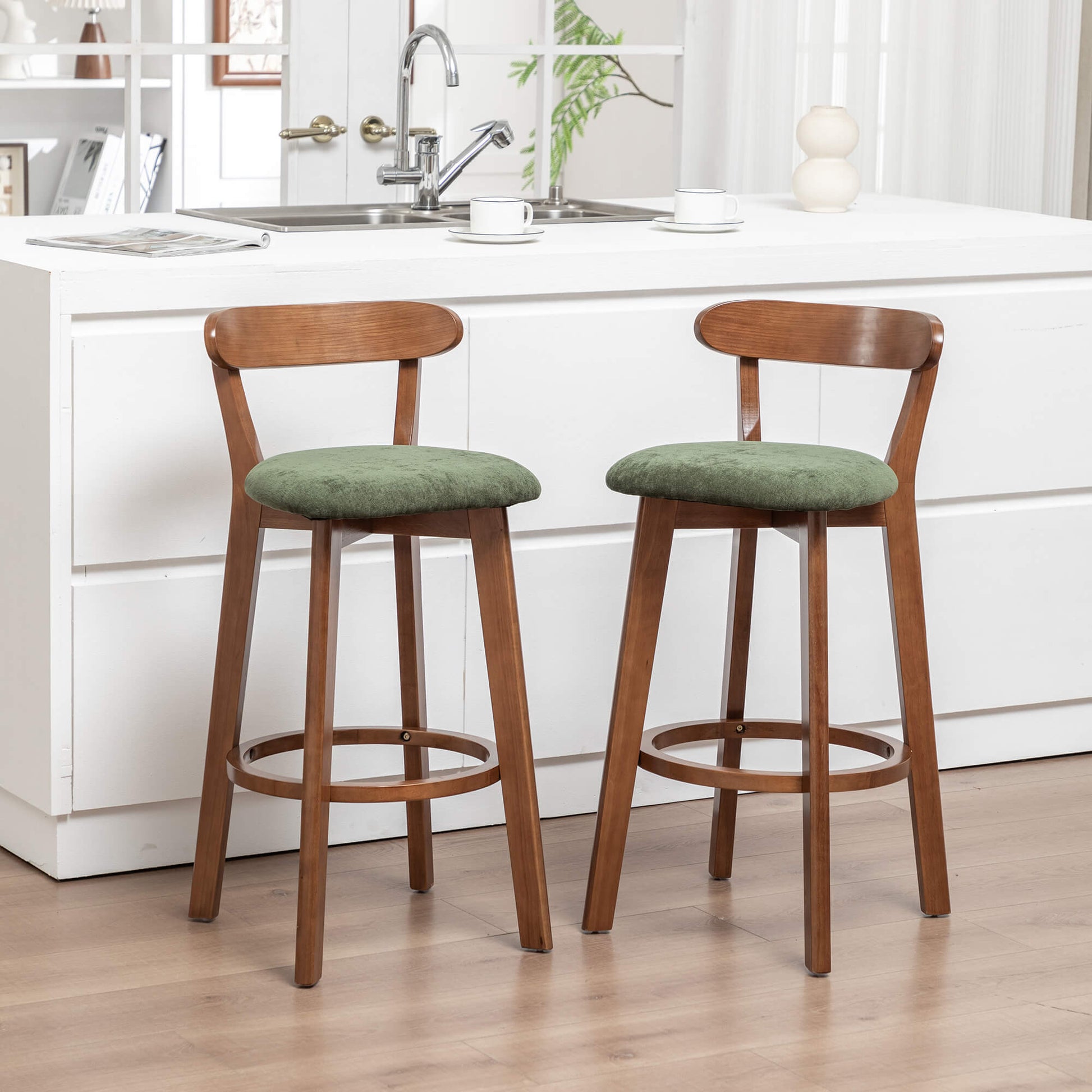 SEYNAR Modern 34.2" Bar Stools Set of 2/4, Solid Wood Barstools with Chenille Cushions & Round Footrest