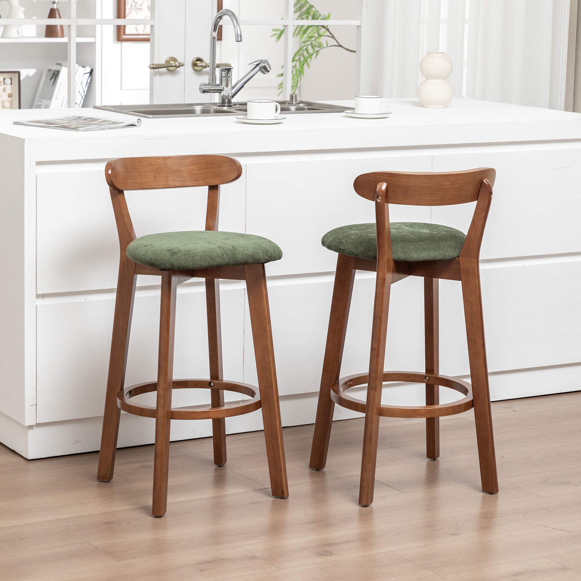 SEYNAR Modern 34.2" Bar Stools Set of 2/4, Solid Wood Barstools with Chenille Cushions & Round Footrest