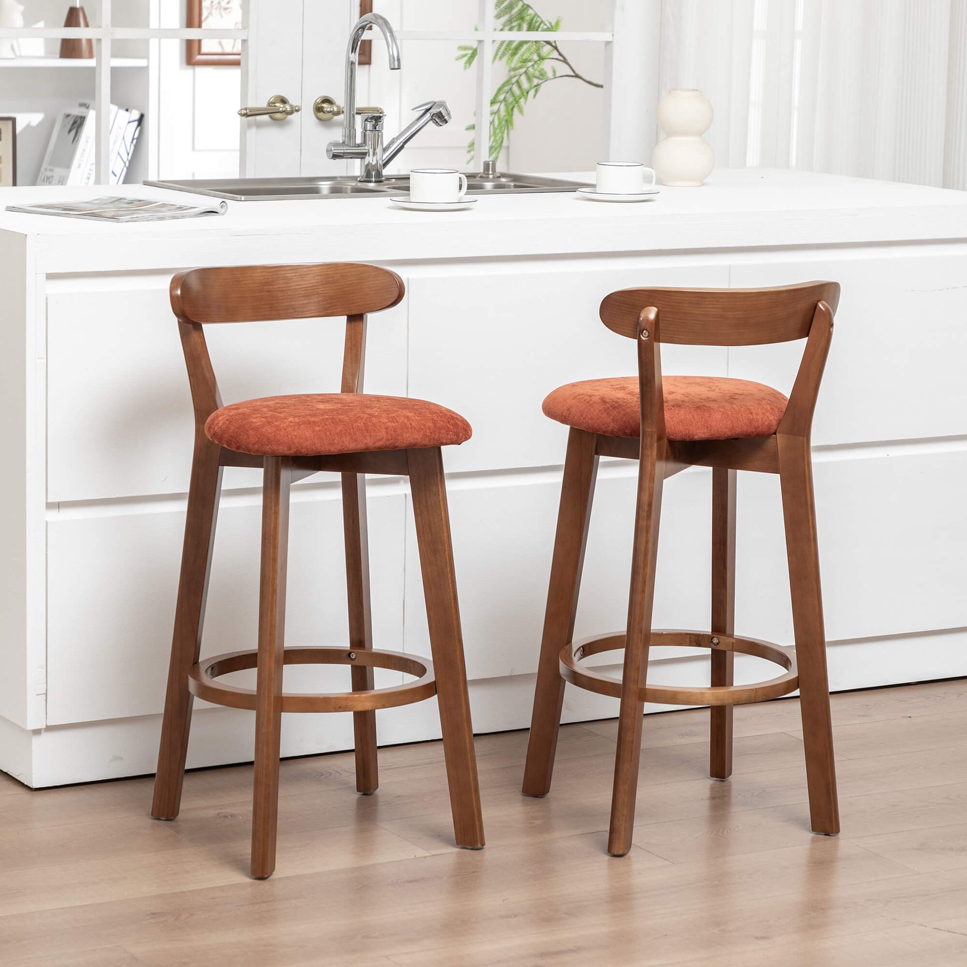SEYNAR Modern 34.2" Bar Stools Set of 2/4, Solid Wood Barstools with Chenille Cushions & Round Footrest