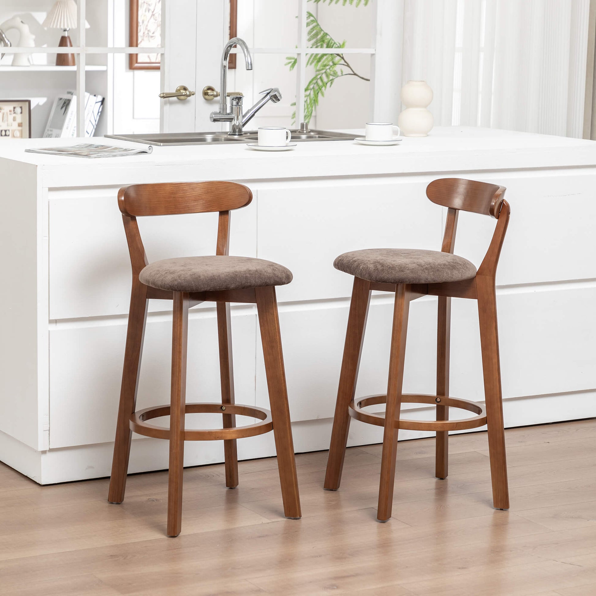 SEYNAR Modern 34.2" Bar Stools Set of 2/4, Solid Wood Barstools with Chenille Cushions & Round Footrest
