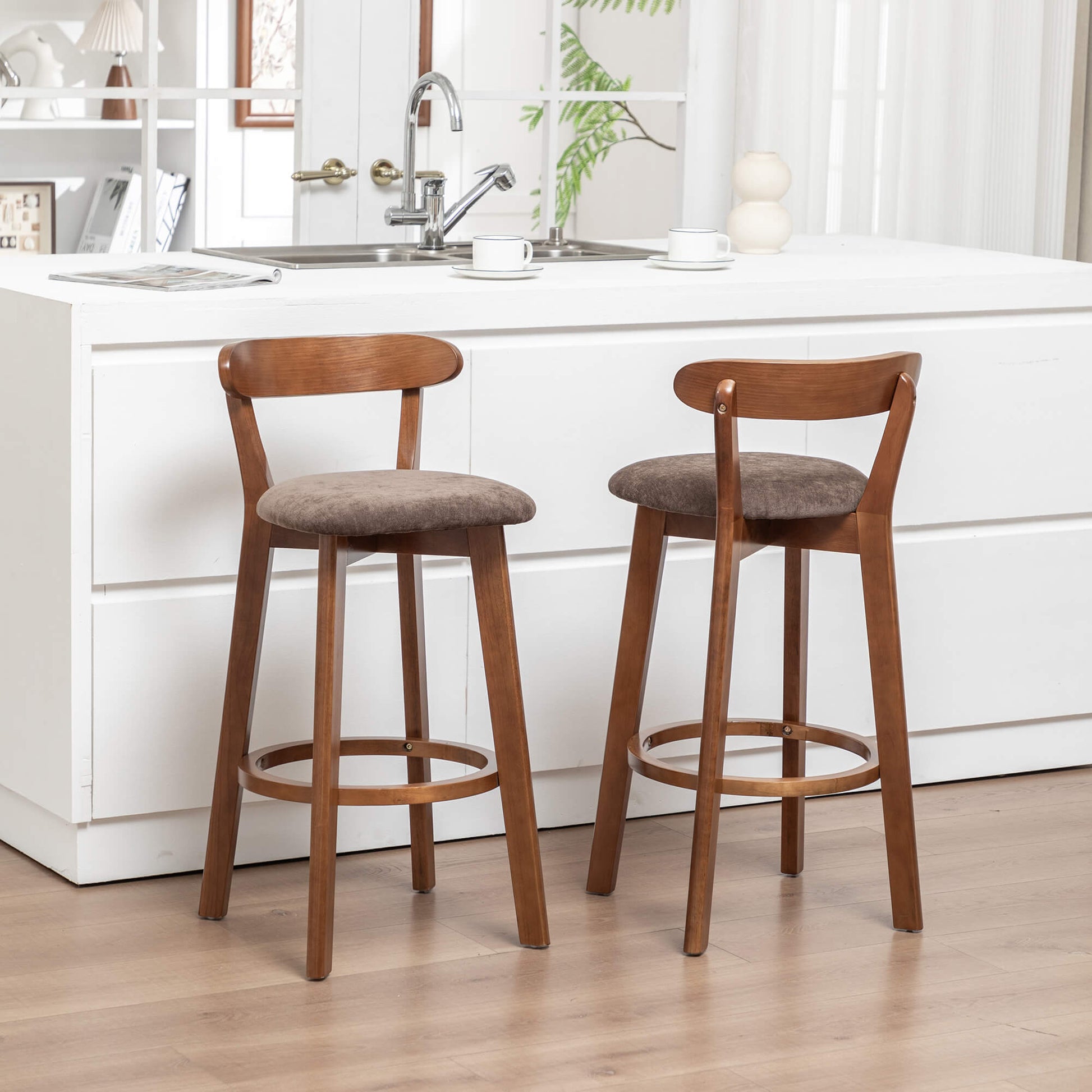 SEYNAR Modern 34.2" Bar Stools Set of 2/4, Solid Wood Barstools with Chenille Cushions & Round Footrest
