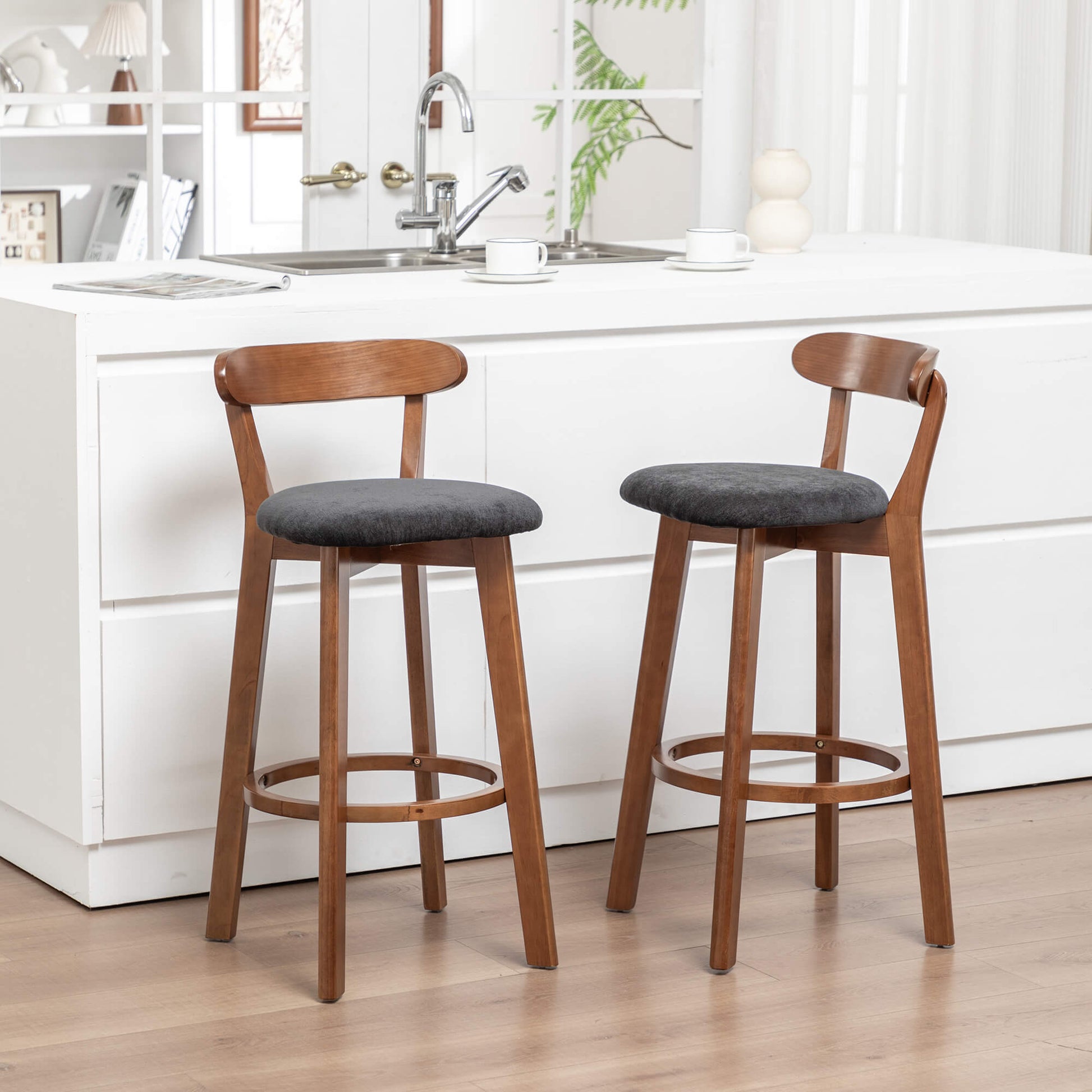 SEYNAR Modern 34.2" Bar Stools Set of 2/4, Solid Wood Barstools with Chenille Cushions & Round Footrest