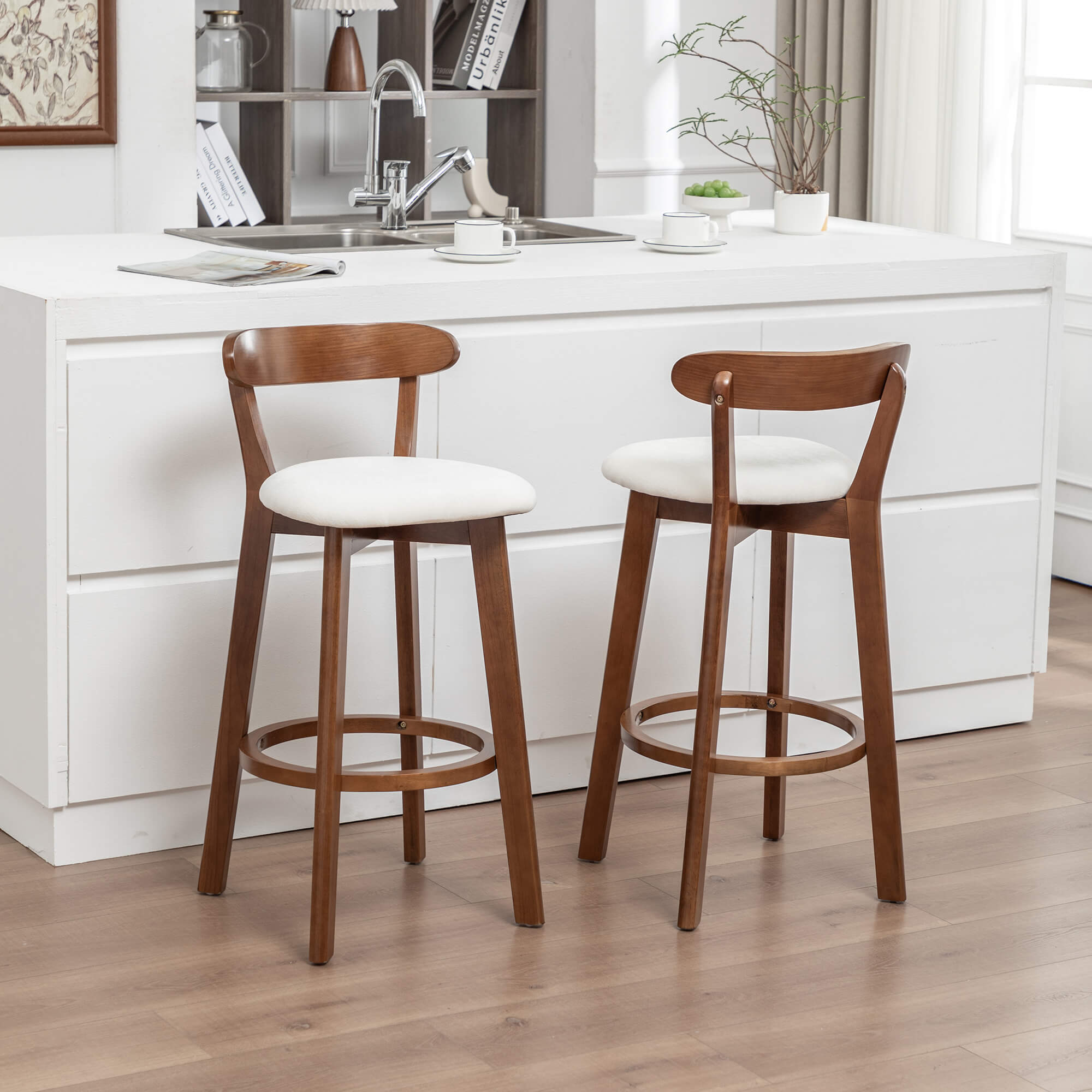 SEYNAR Modern 34.2" Bar Stools Set of 2/4, Solid Wood Barstools with Chenille Cushions & Round Footrest