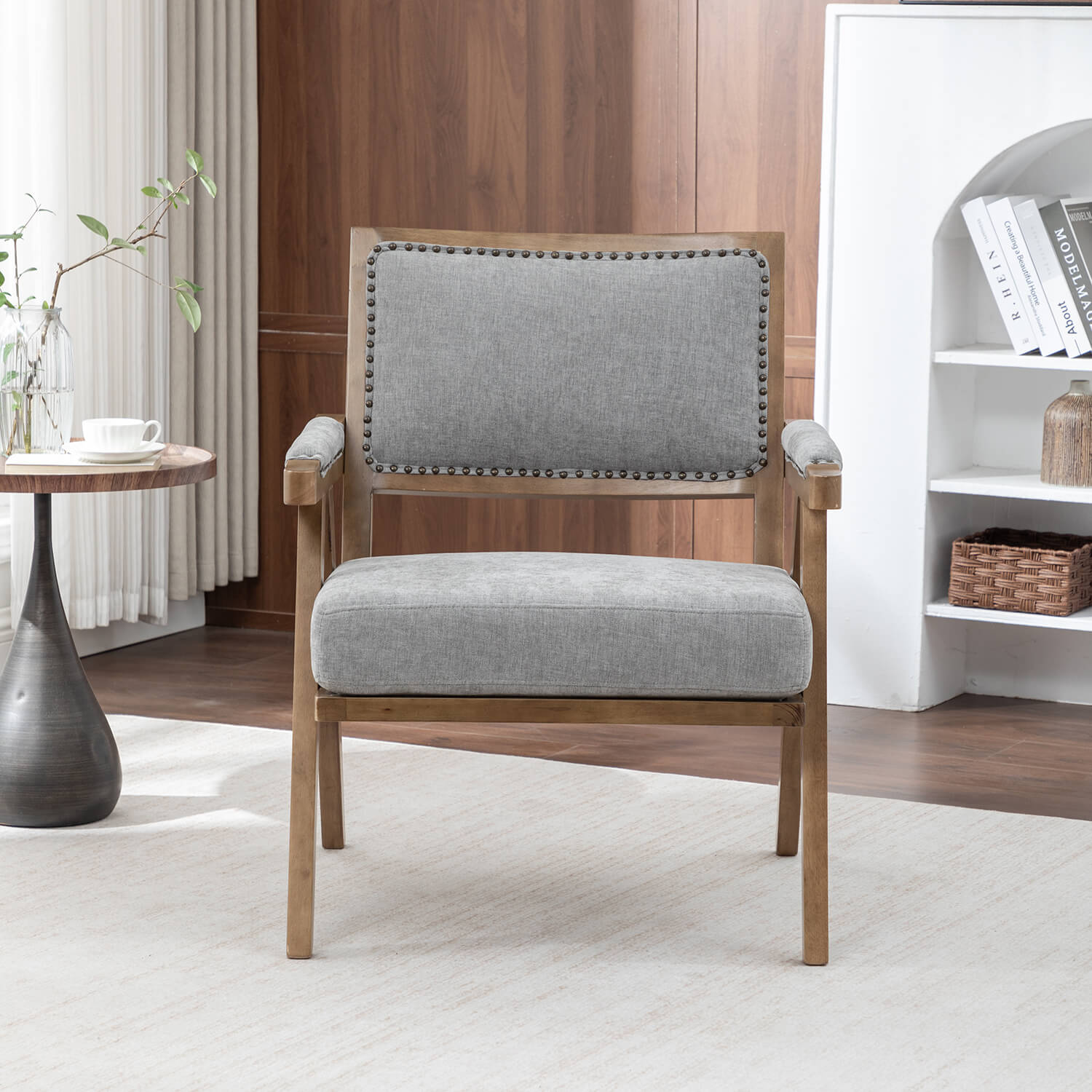 SEYNAR Rustic Mid-Century Chenille Accent Chair with Nailhead Trim and Wood Frame(Single/Set of 2)