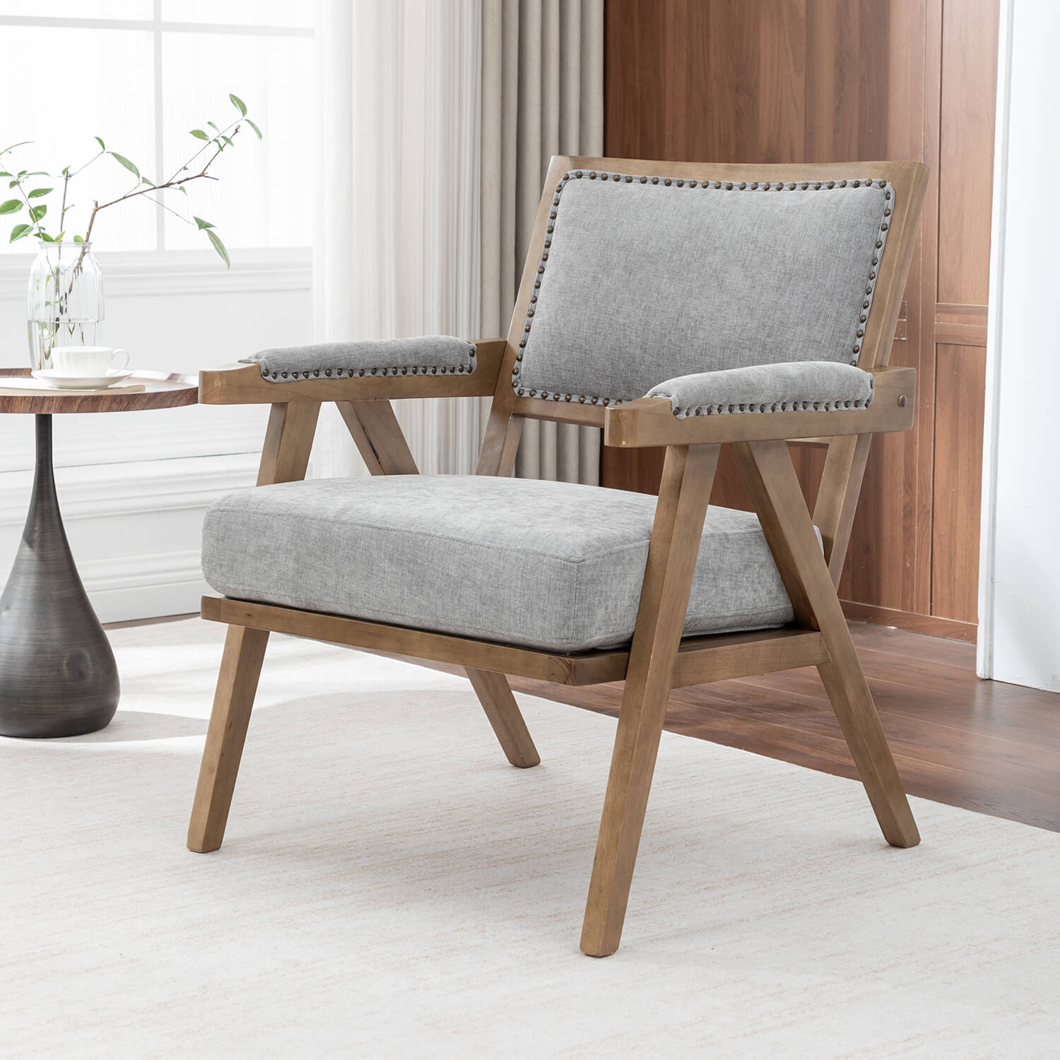 SEYNAR Rustic Mid-Century Chenille Accent Chair with Nailhead Trim and Wood Frame(Single/Set of 2)