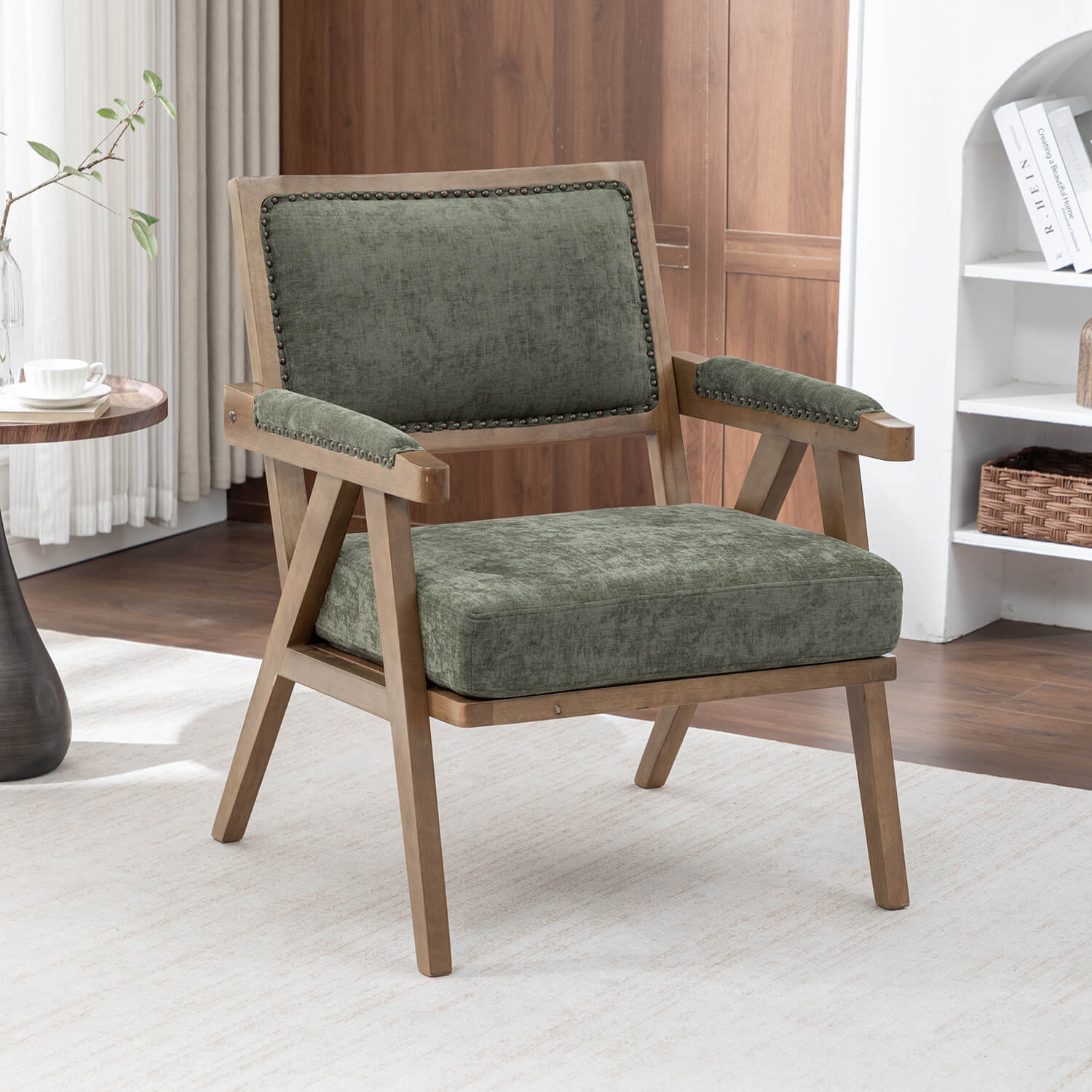SEYNAR Rustic Mid-Century Chenille Accent Chair with Nailhead Trim and Wood Frame(Single/Set of 2)