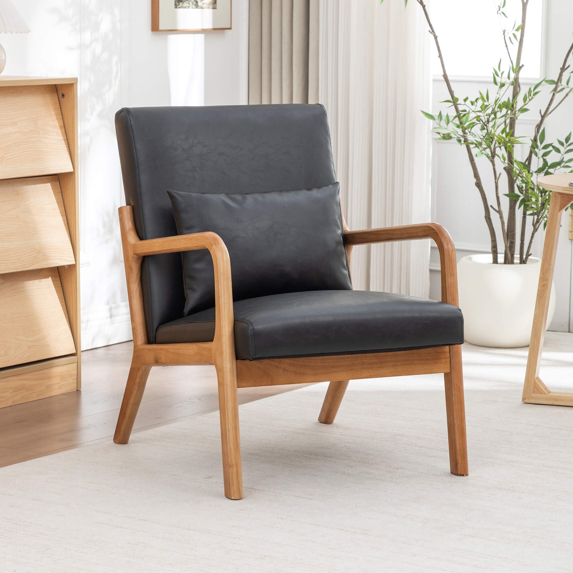 SEYNAR Mid-Century PU Leather Accent Chair with Lumbar Pillow(Single/Set of 2)