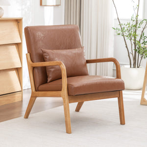 SEYNAR Mid-Century PU Leather Accent Chair with Lumbar Pillow(Single/Set of 2)