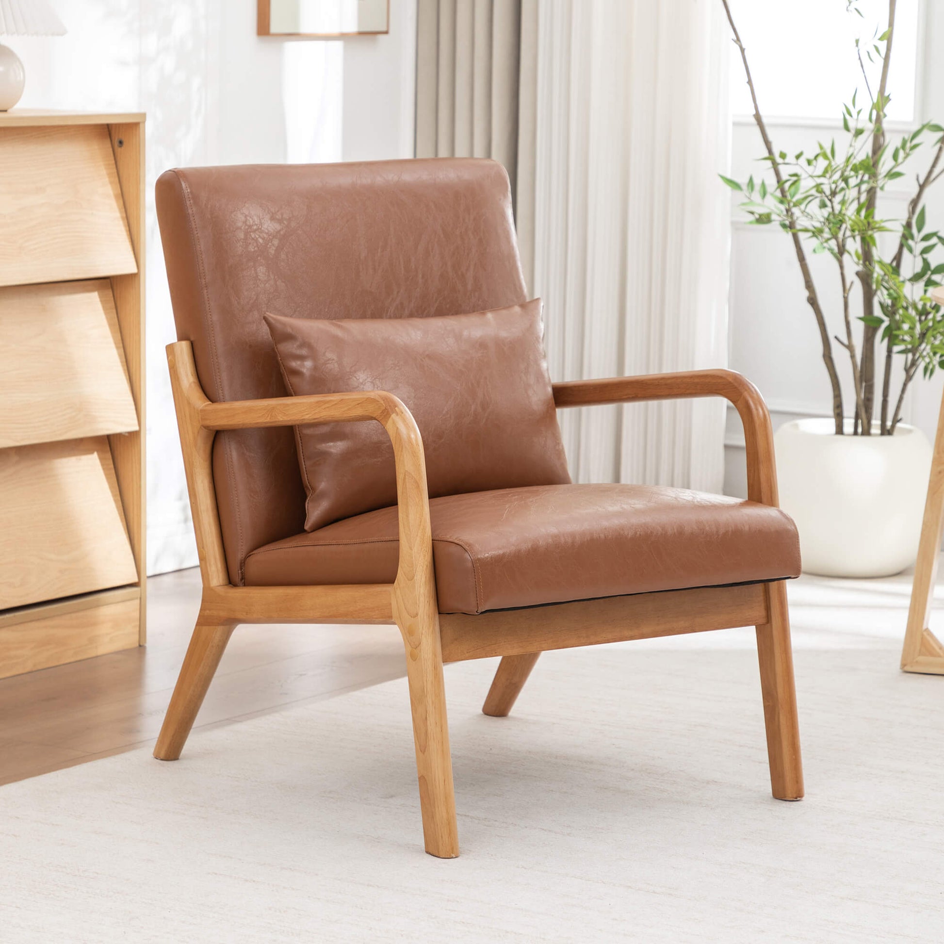 SEYNAR Mid-Century PU Leather Accent Chair with Lumbar Pillow(Single/Set of 2)