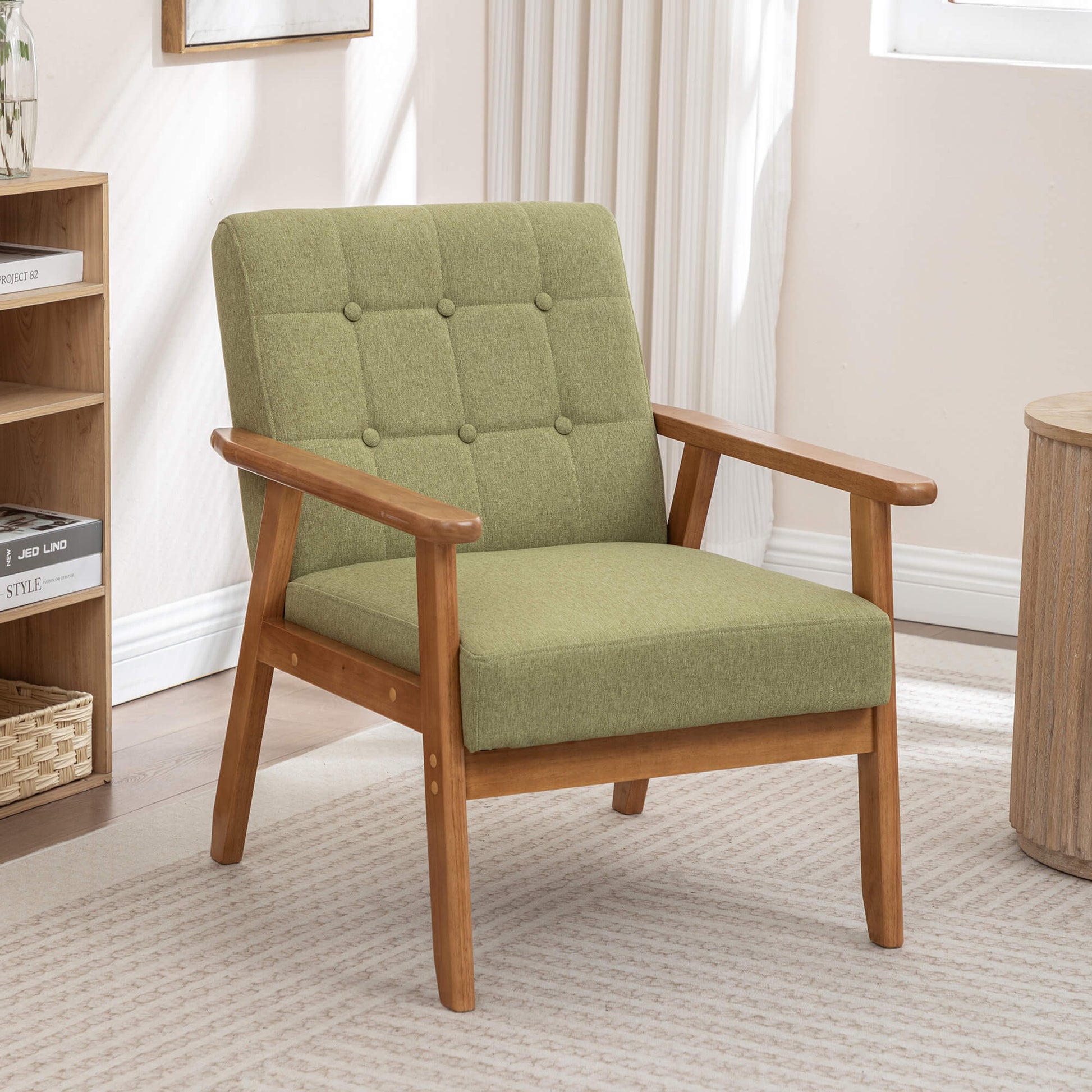 SEYNAR Mid-Century Linen Button-Tufted Accent Chair with Solid Wood Frame(Single/Set of 2)