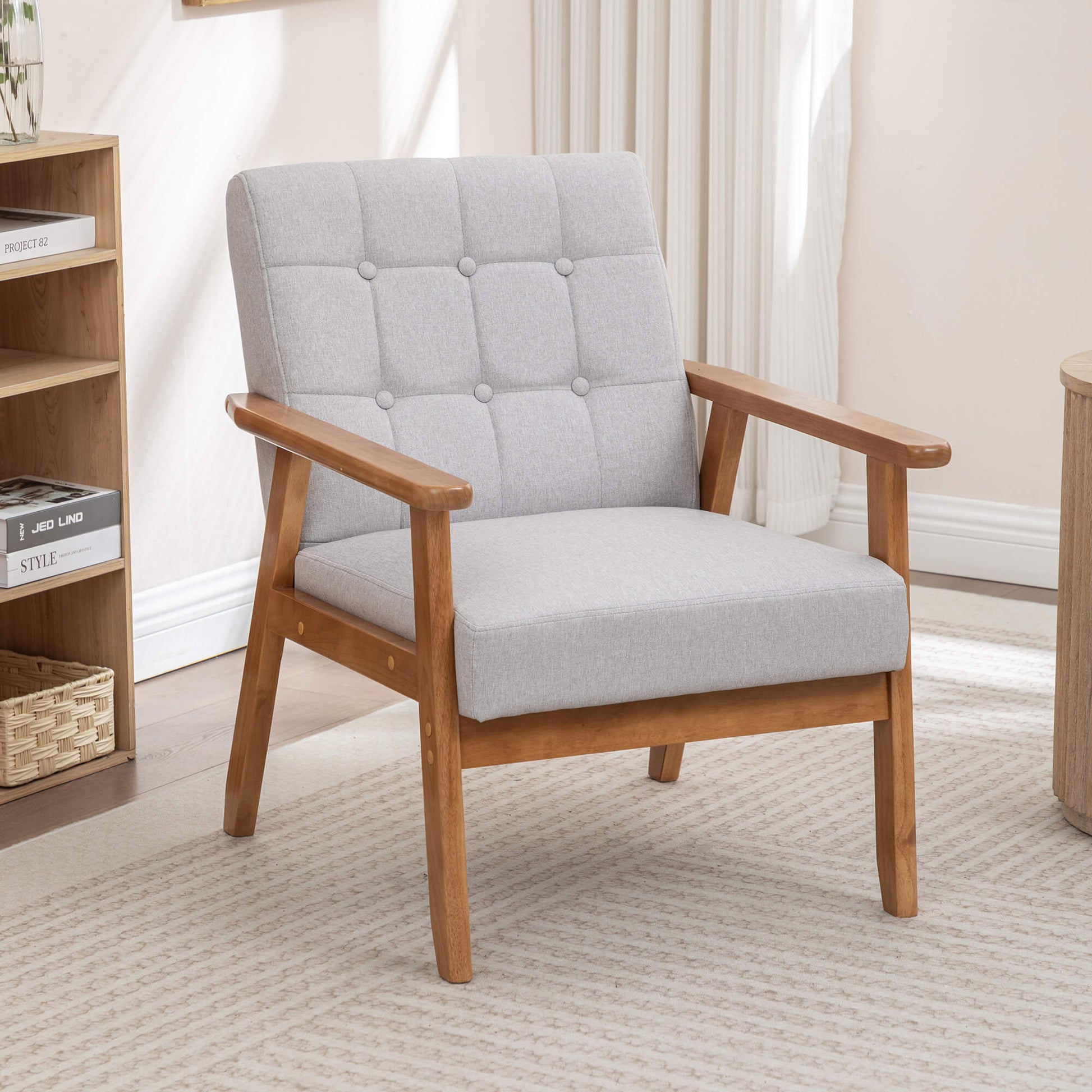 SEYNAR Mid-Century Linen Button-Tufted Accent Chair with Solid Wood Frame(Single/Set of 2)