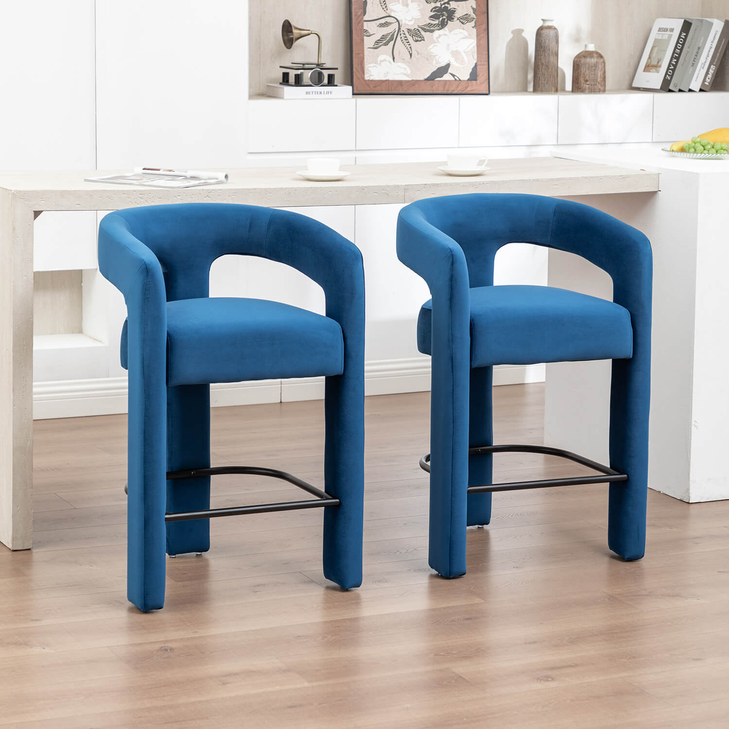 SEYNAR Modern Velvet 34.6''H Fixed Height Open-Back Bar Stool with Metal Footrest(Single/Set of 2)