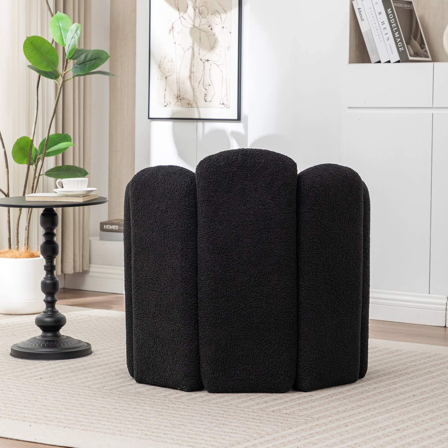 SEYNAR Modern Glam Faux Sherpa Upholstered Round Accent Chair with Flower Shaped Back Design(Single/Set of 2)
