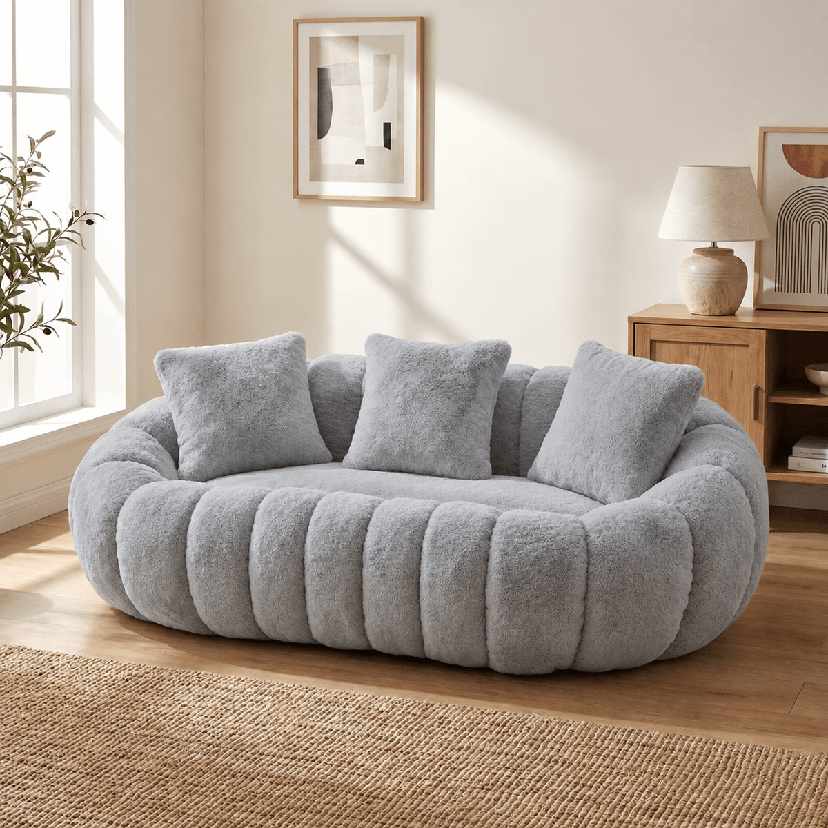 SEYNAR 75" Modern Loveseat Sofa with 3 Pillows, Cozy Faux Fur Double Couch for Living Room