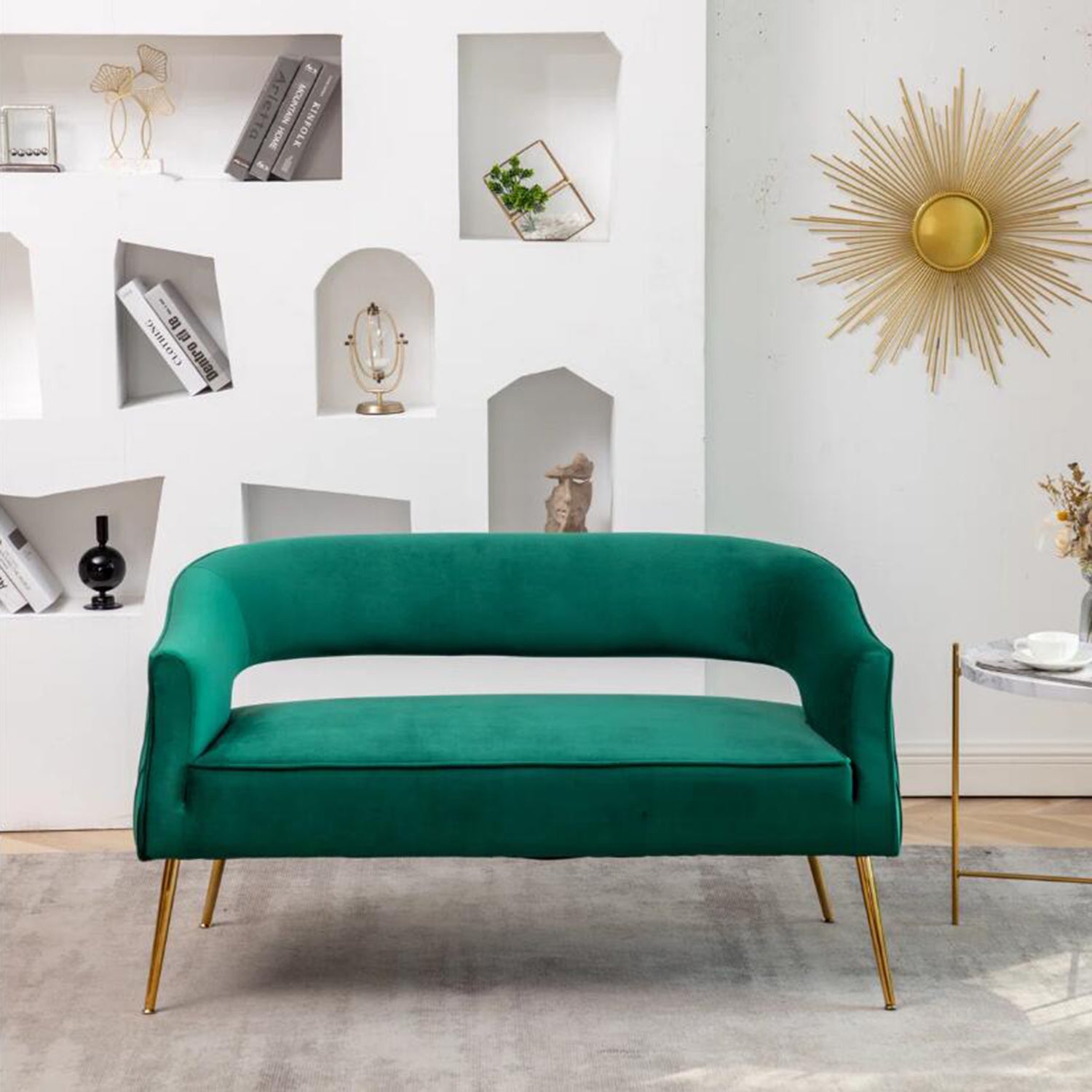 SEYNAR Modern 51'' Velvet Tufted Loveseat Open Back with Golden Metal Legs