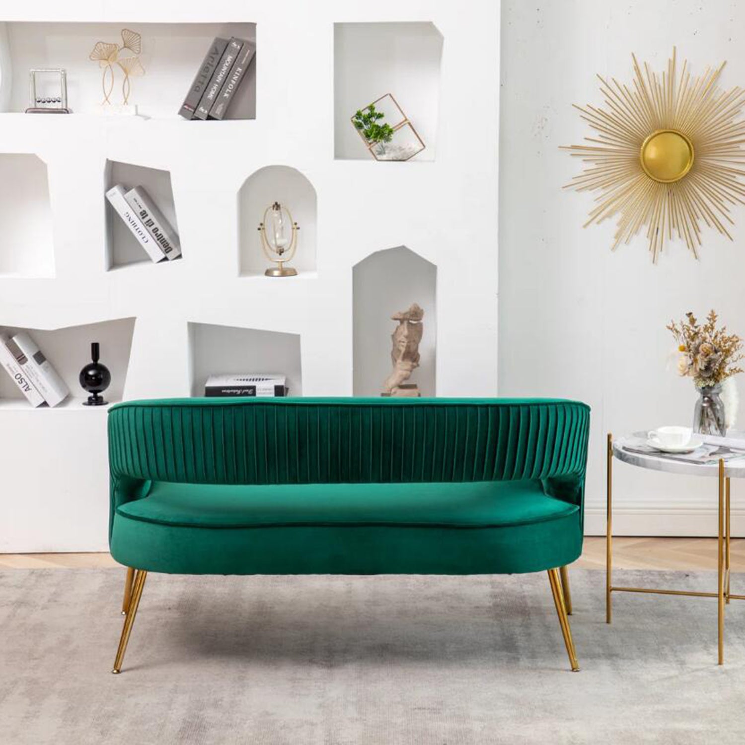 SEYNAR Modern 51'' Velvet Tufted Loveseat Open Back with Golden Metal Legs
