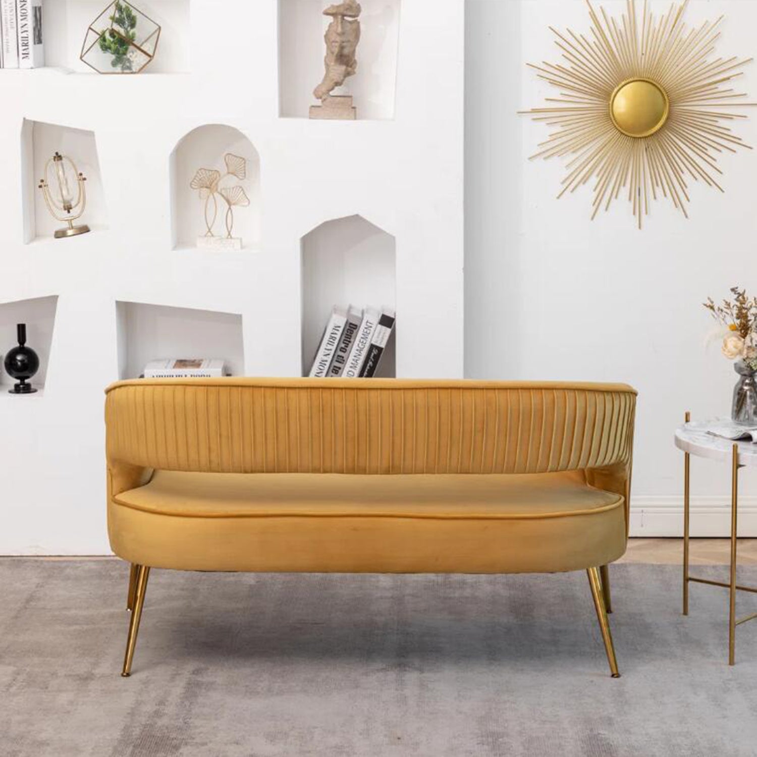 SEYNAR Modern 51'' Velvet Tufted Loveseat Open Back with Golden Metal Legs