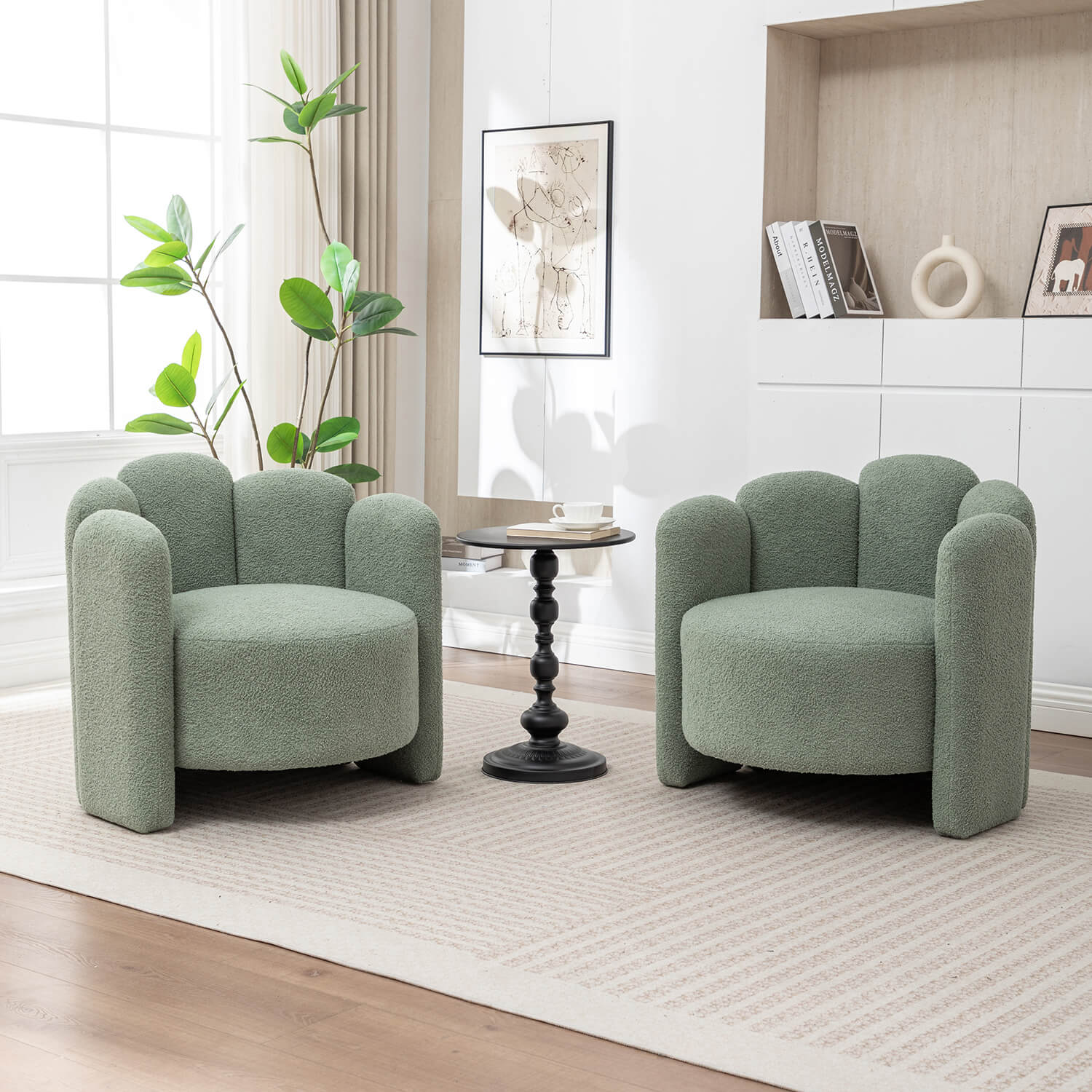 SEYNAR Modern Glam Faux Sherpa Upholstered Round Accent Chair with Flower Shaped Back Design(Single/Set of 2)
