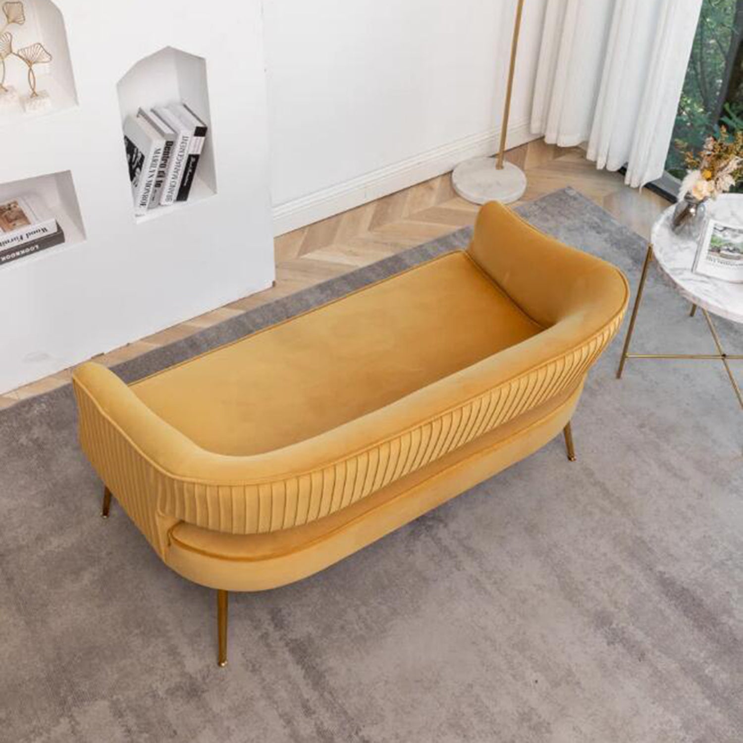 SEYNAR Modern 51'' Velvet Tufted Loveseat Open Back with Golden Metal Legs