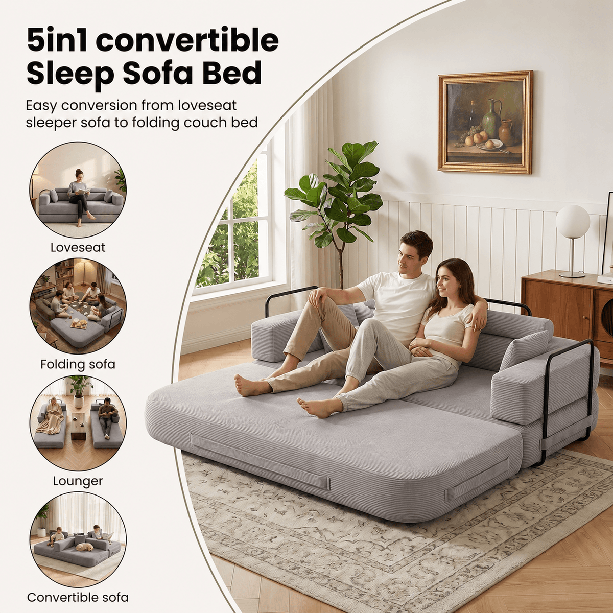SEYNAR Corduroy Folding Sofa Bed, Memory Foam Compressed Sleeper Couch No Assembly