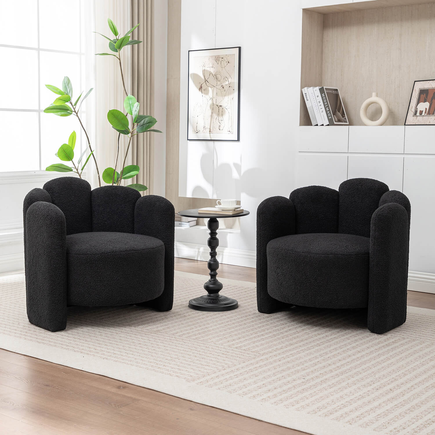SEYNAR Modern Glam Faux Sherpa Upholstered Round Accent Chair with Flower Shaped Back Design(Single/Set of 2)
