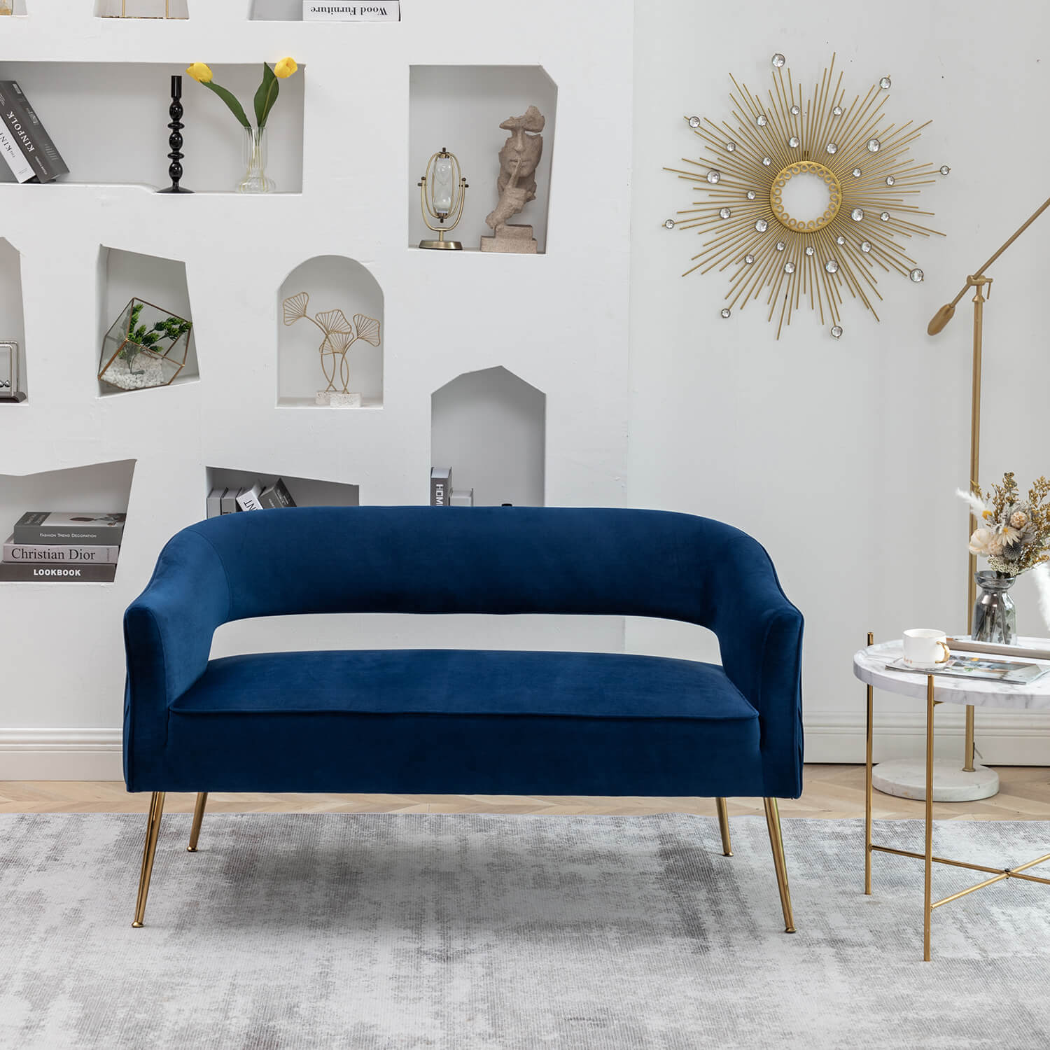 SEYNAR Modern 51'' Velvet Tufted Loveseat Open Back with Golden Metal Legs