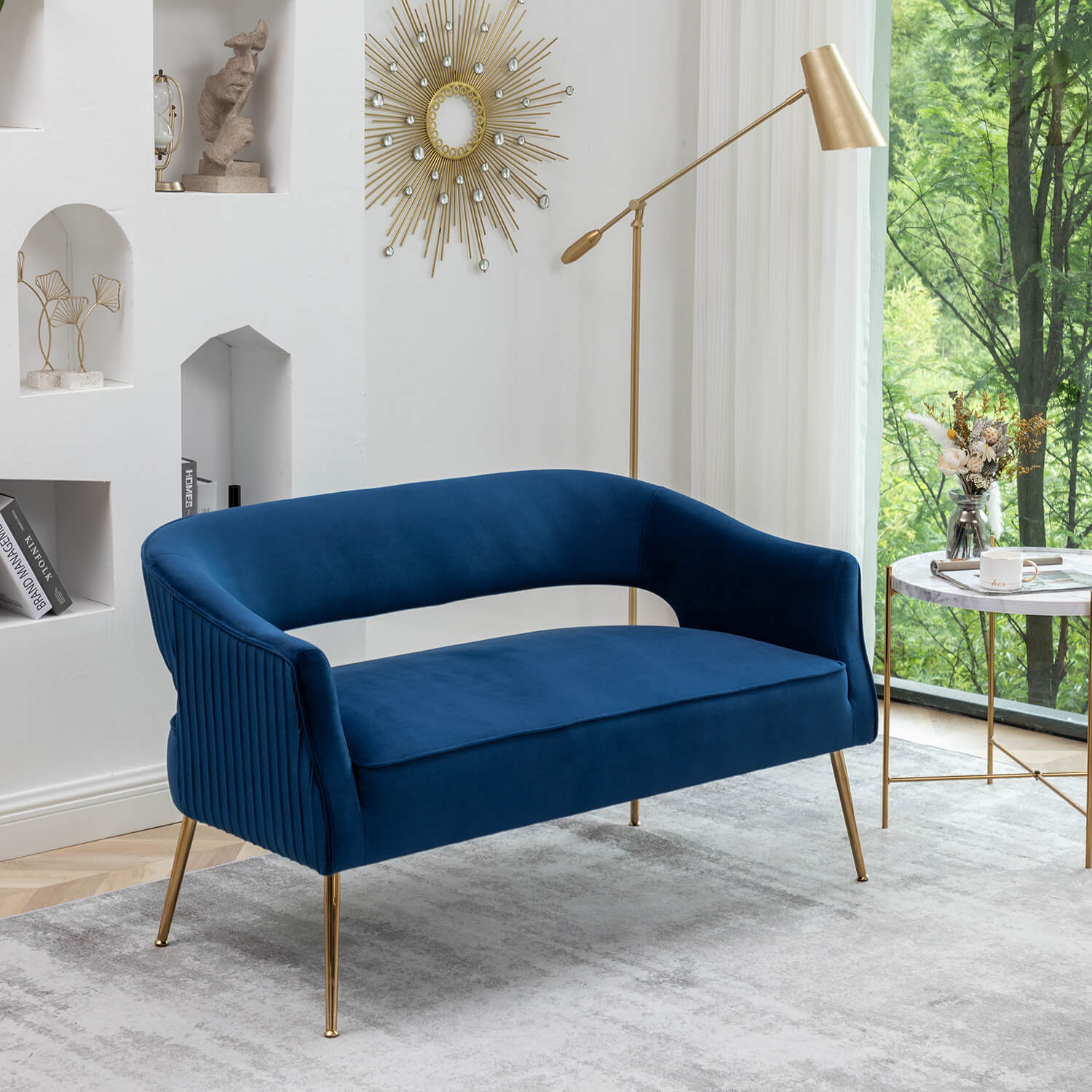 SEYNAR Modern 51'' Velvet Tufted Loveseat Open Back with Golden Metal Legs