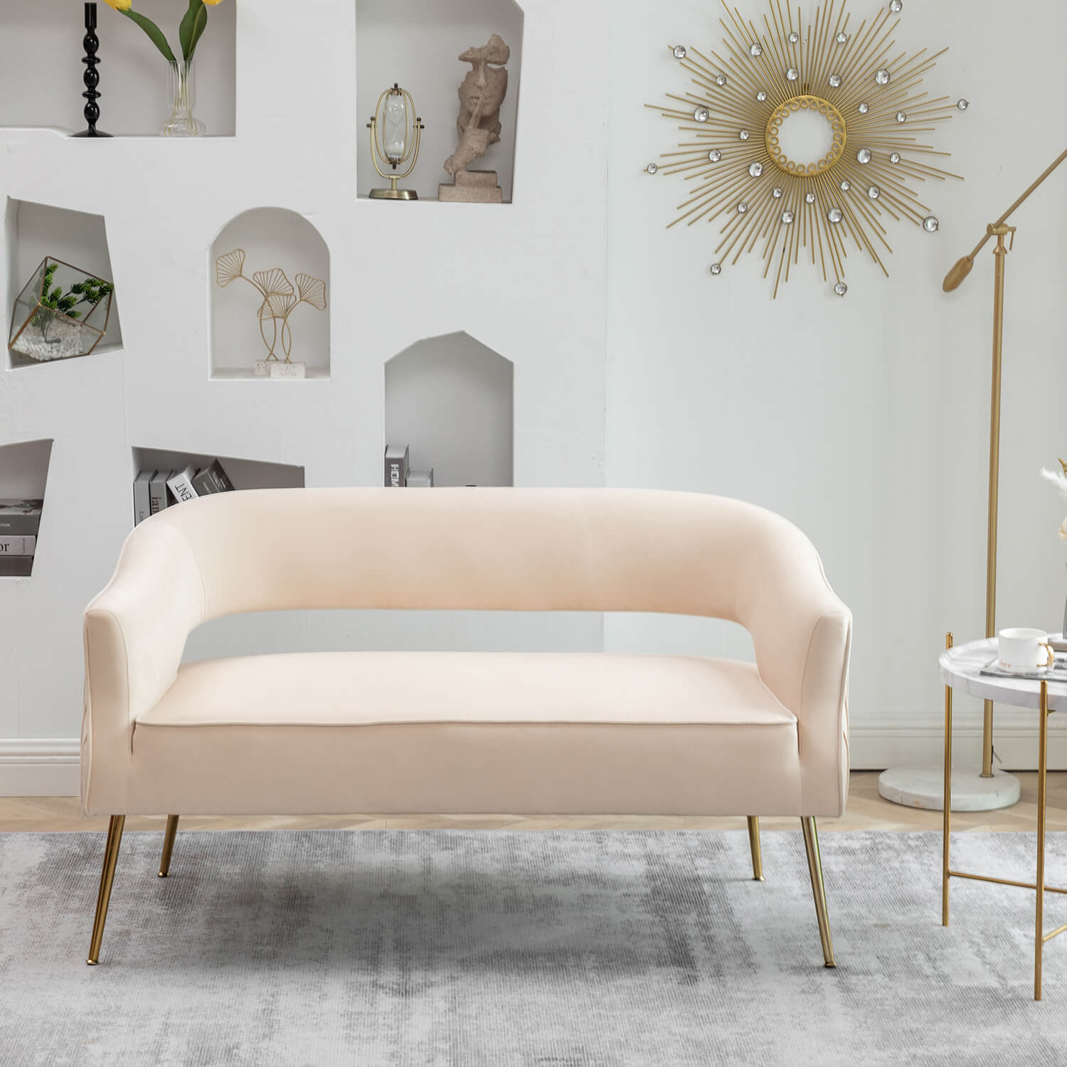 SEYNAR Modern 51'' Velvet Tufted Loveseat Open Back with Golden Metal Legs
