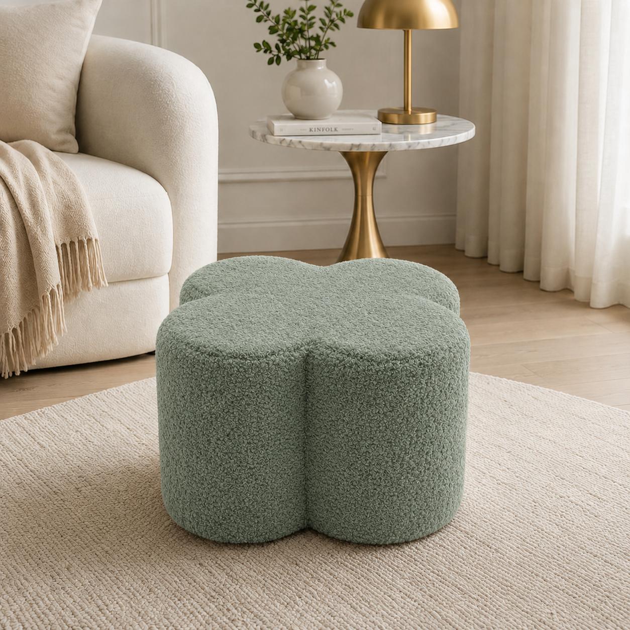 SEYNAR Modern Teddy Fabric Ottoman, Clover Footstool Footrest for Living Room