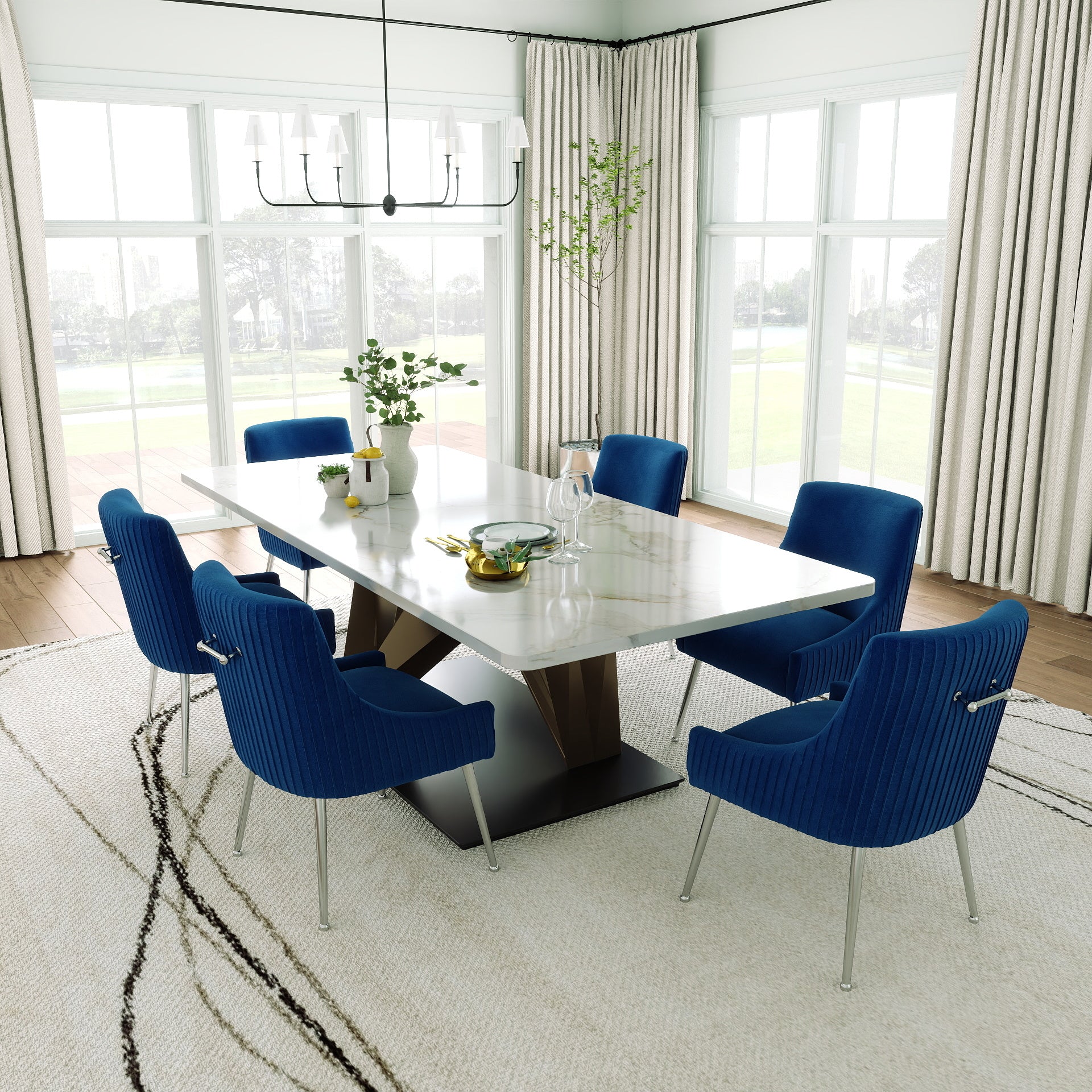 SEYNAR Modern Velvet Pleated Finish Back Dining Chair Set of 2/4/6 with Rear Handle