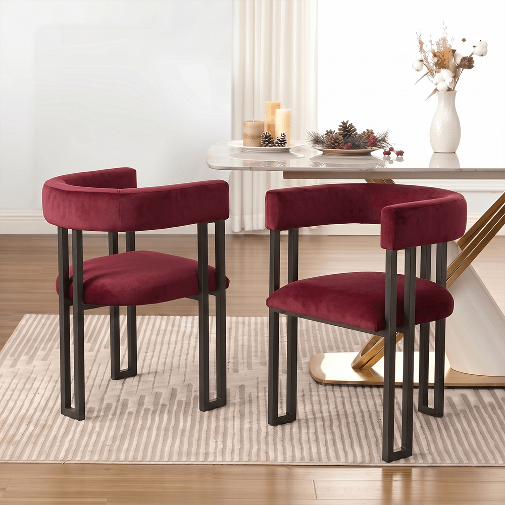 SEYNAR Modern Velvet Dining Chairs Set of 2, Curved Barrel Back Upholstered Armchairs with Black Metal Frame for Dining Room