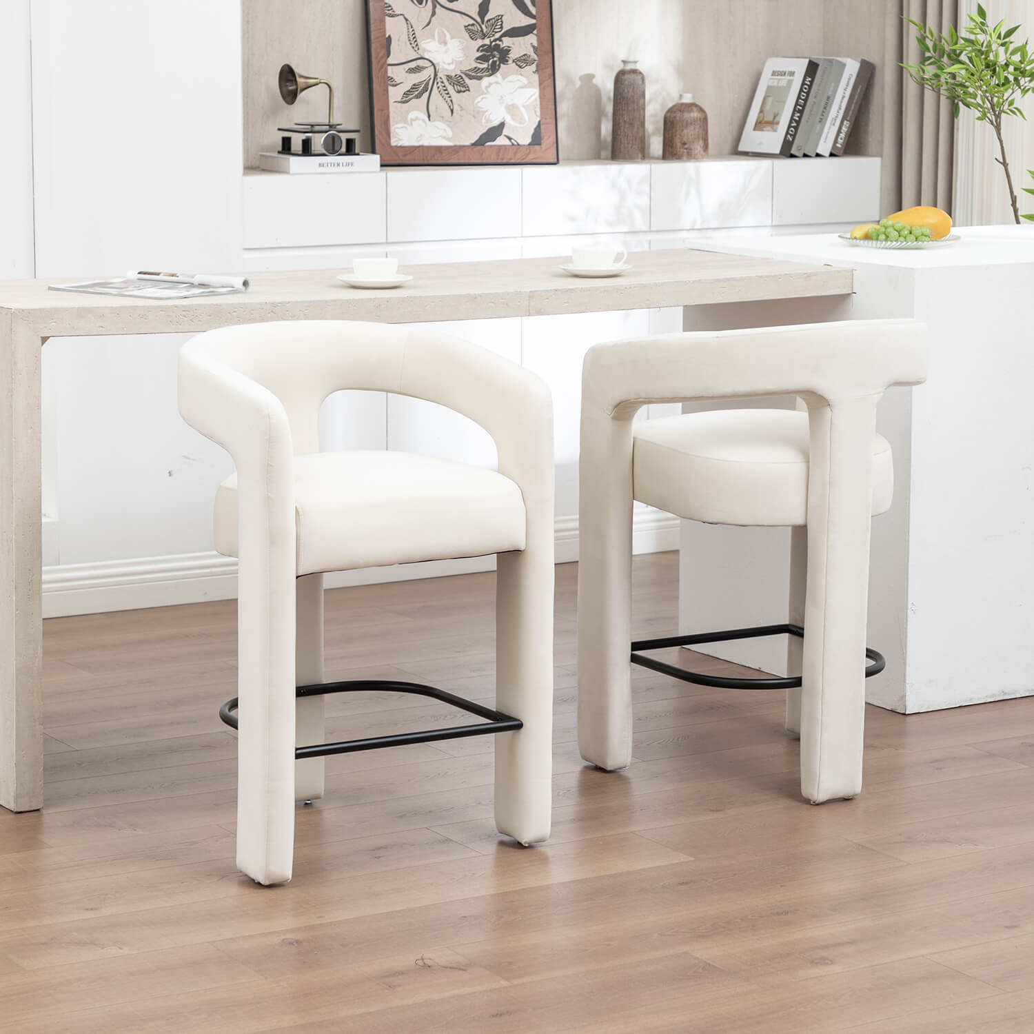 SEYNAR Modern Velvet 34.6''H Fixed Height Open-Back Bar Stool with Metal Footrest(Single/Set of 2)