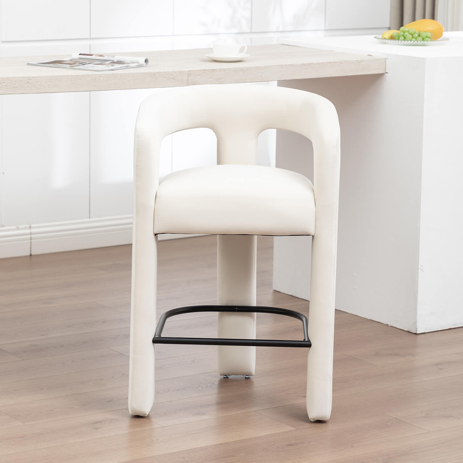 SEYNAR Modern Velvet 34.6''H Fixed Height Open-Back Bar Stool with Metal Footrest(Single/Set of 2)