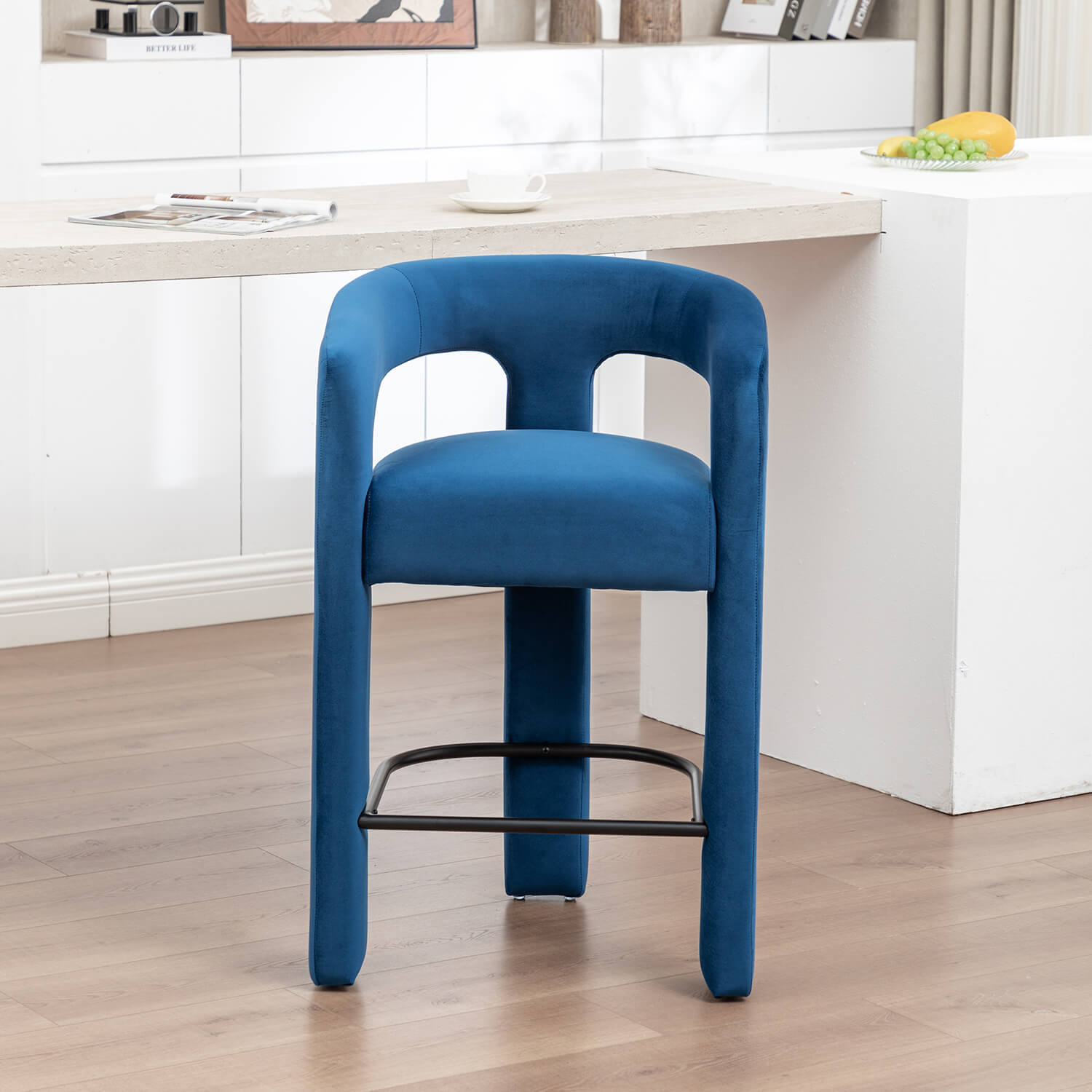 SEYNAR Modern Velvet 34.6''H Fixed Height Open-Back Bar Stool with Metal Footrest(Single/Set of 2)