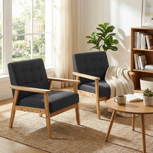 SEYNAR Mid-Century Linen Button-Tufted Accent Chair with Solid Wood Frame(Single/Set of 2)