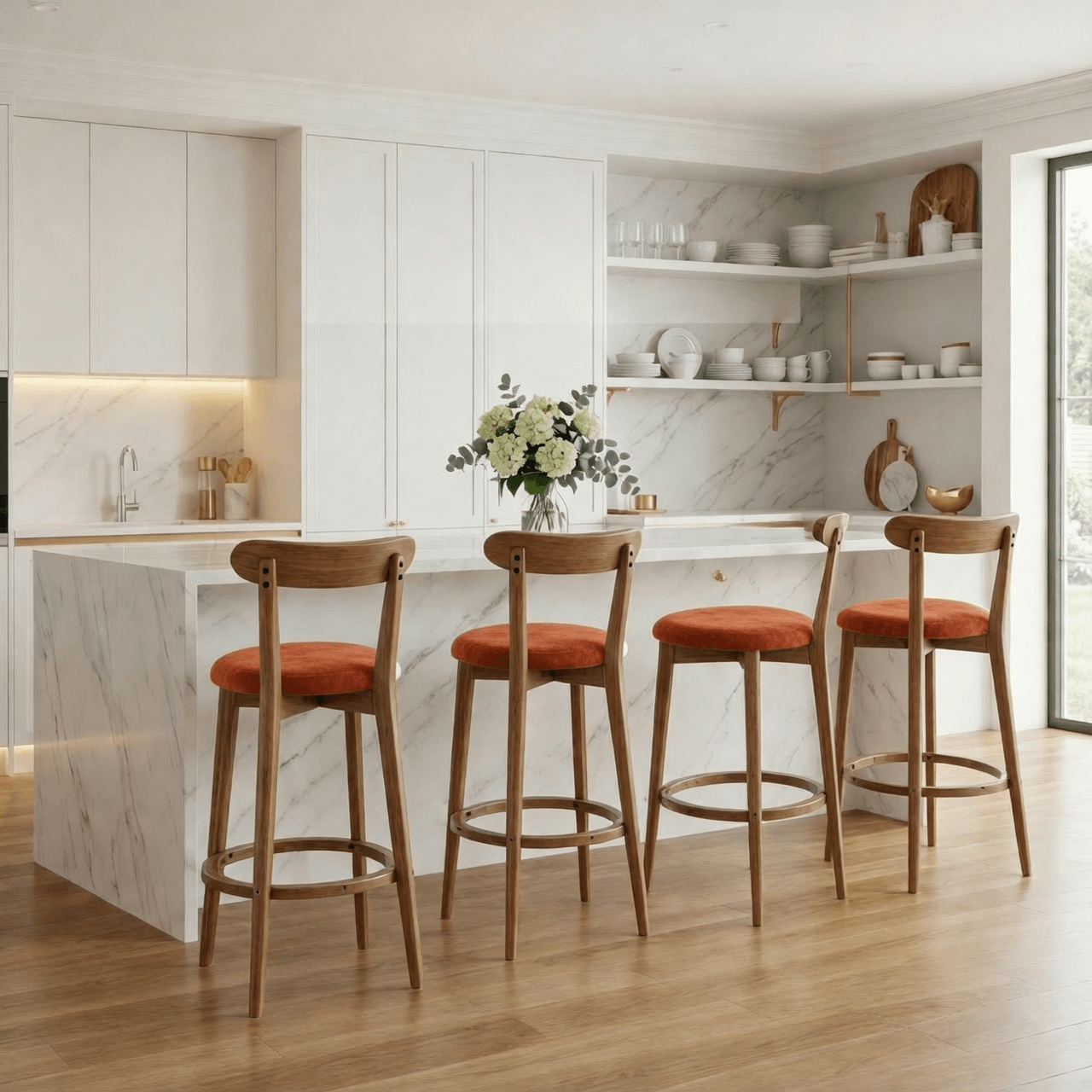 SEYNAR Modern 34.2" Bar Stools Set of 2/4, Solid Wood Barstools with Chenille Cushions & Round Footrest