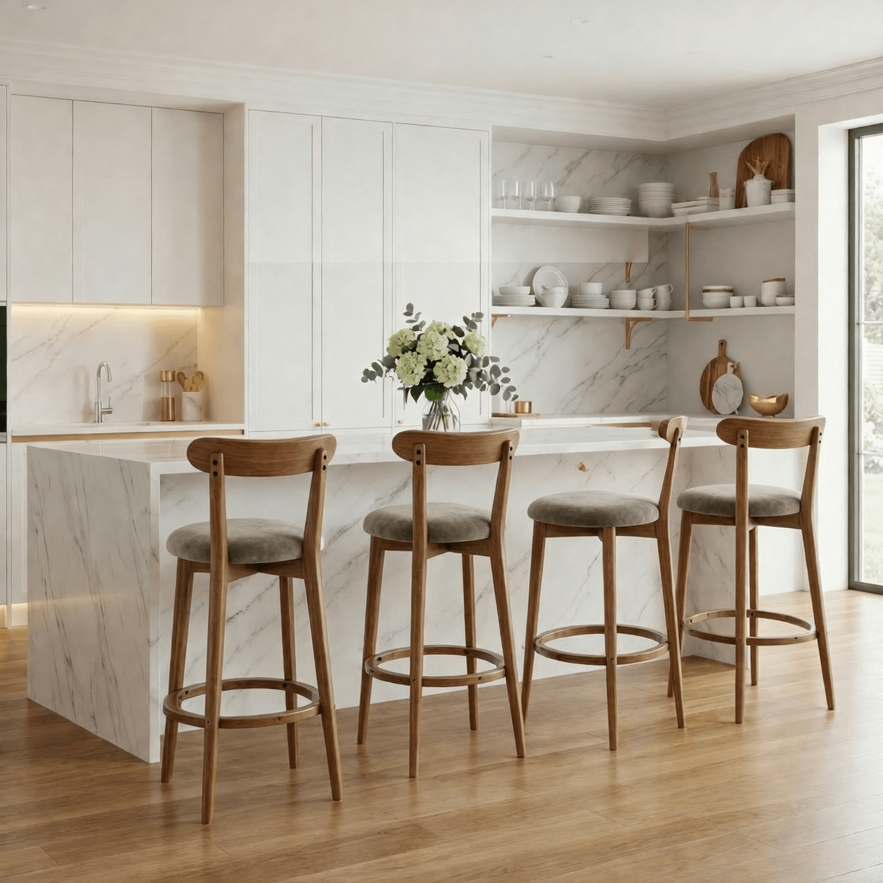 SEYNAR Modern 34.2" Bar Stools Set of 2/4, Solid Wood Barstools with Chenille Cushions & Round Footrest