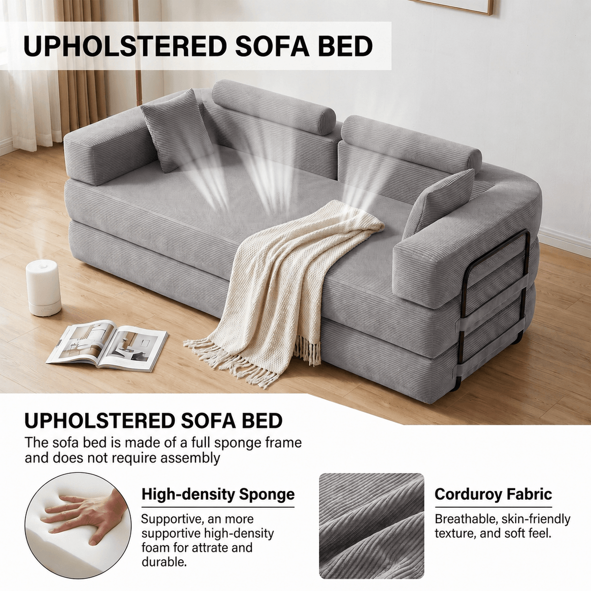 SEYNAR Corduroy Folding Sofa Bed, Memory Foam Compressed Sleeper Couch No Assembly