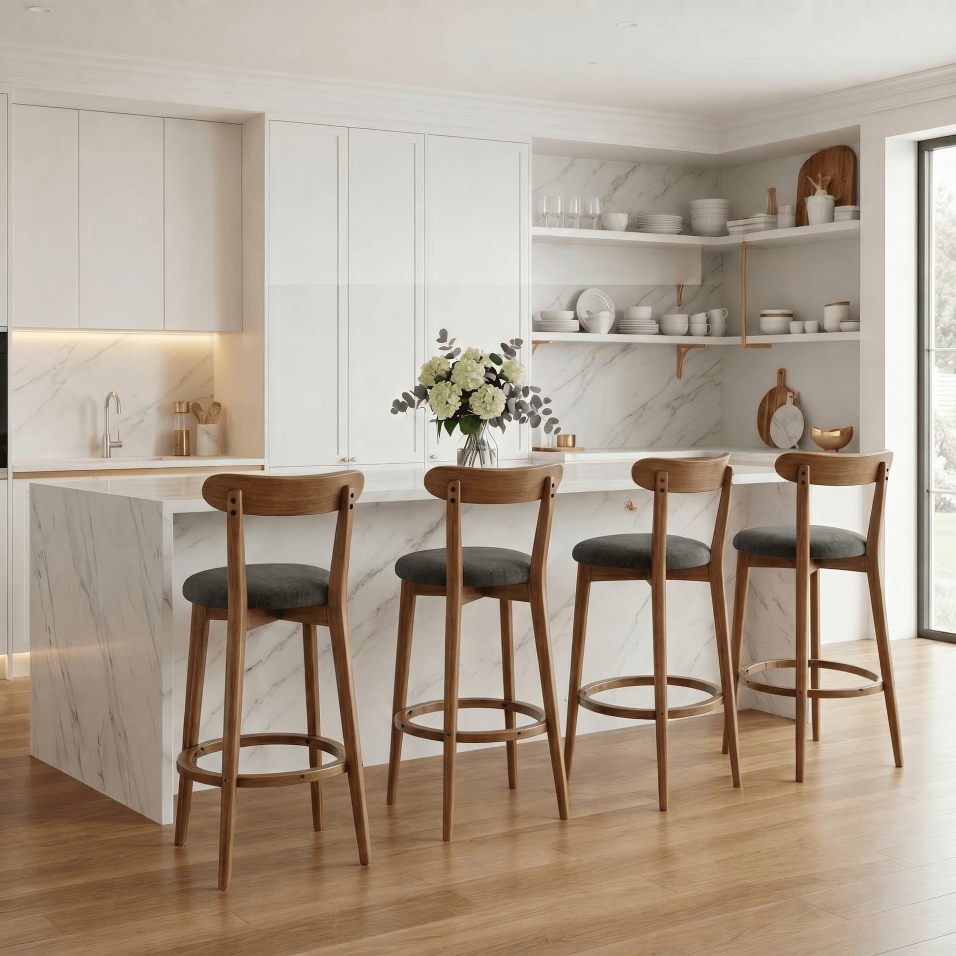 SEYNAR Modern 34.2" Bar Stools Set of 2/4, Solid Wood Barstools with Chenille Cushions & Round Footrest