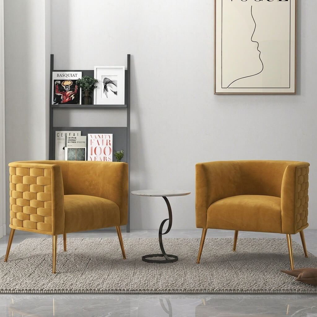 SEYNAR Mid-Century Modern Velvet Barrel Accent Chair, Round Upholstered Living Room Chair with Gold Finish Metal Base(Single/Set of 2)